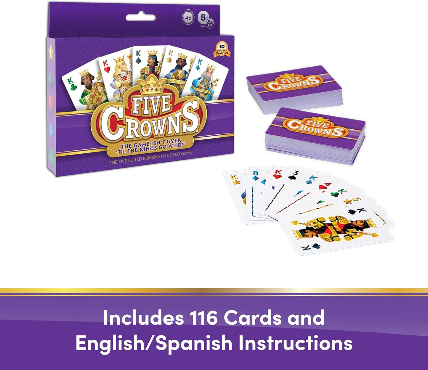 PlayMonster Five Crowns — The Game Isn't Over Until the Kings Go Wild! — 5 Suited Rummy-Style Card Game — For Ages 8+
