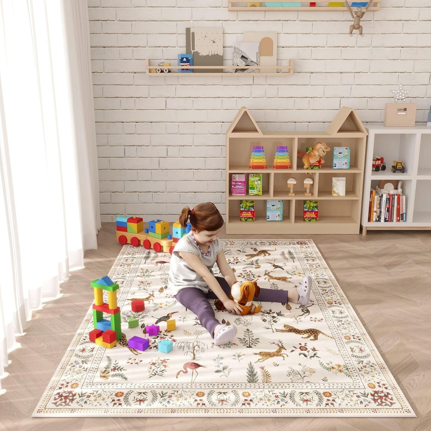 Rugcomf Living Room Rug 5x7 Rug Machine Washable Boho Area Rug Non Slip Floral Animal Vintage Low Pile Large Rugs for Living Room, Bedroom, Farmhouse, Dining Room, Kids Playroom (Beige)