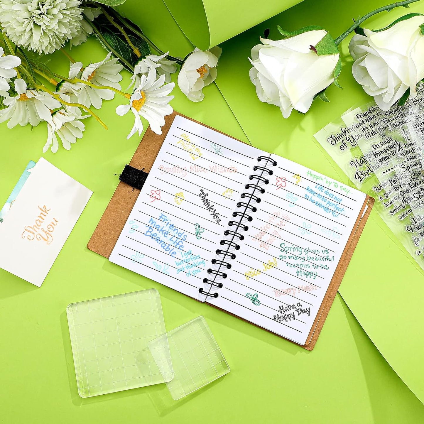 4 Sheets Sentiments Rubber Clear Stamps Set for Card Making and DIY Scrapbooking Journaling 2 Acrylic Stamp Blocks with Grid Lines for Birthday Wedding Wife Husband Anniversary Special Occasion Cards