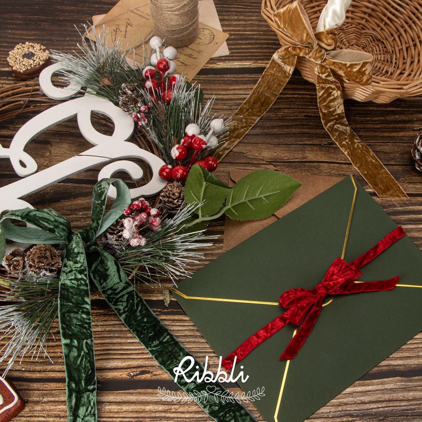 Ribbli Khaki Velvet Ribbon 3/8 Inches Luxury Crinkled Brown Christmas Ribbon for Gift Wrapping Crafts Home Decor-Continuous 10 Yard