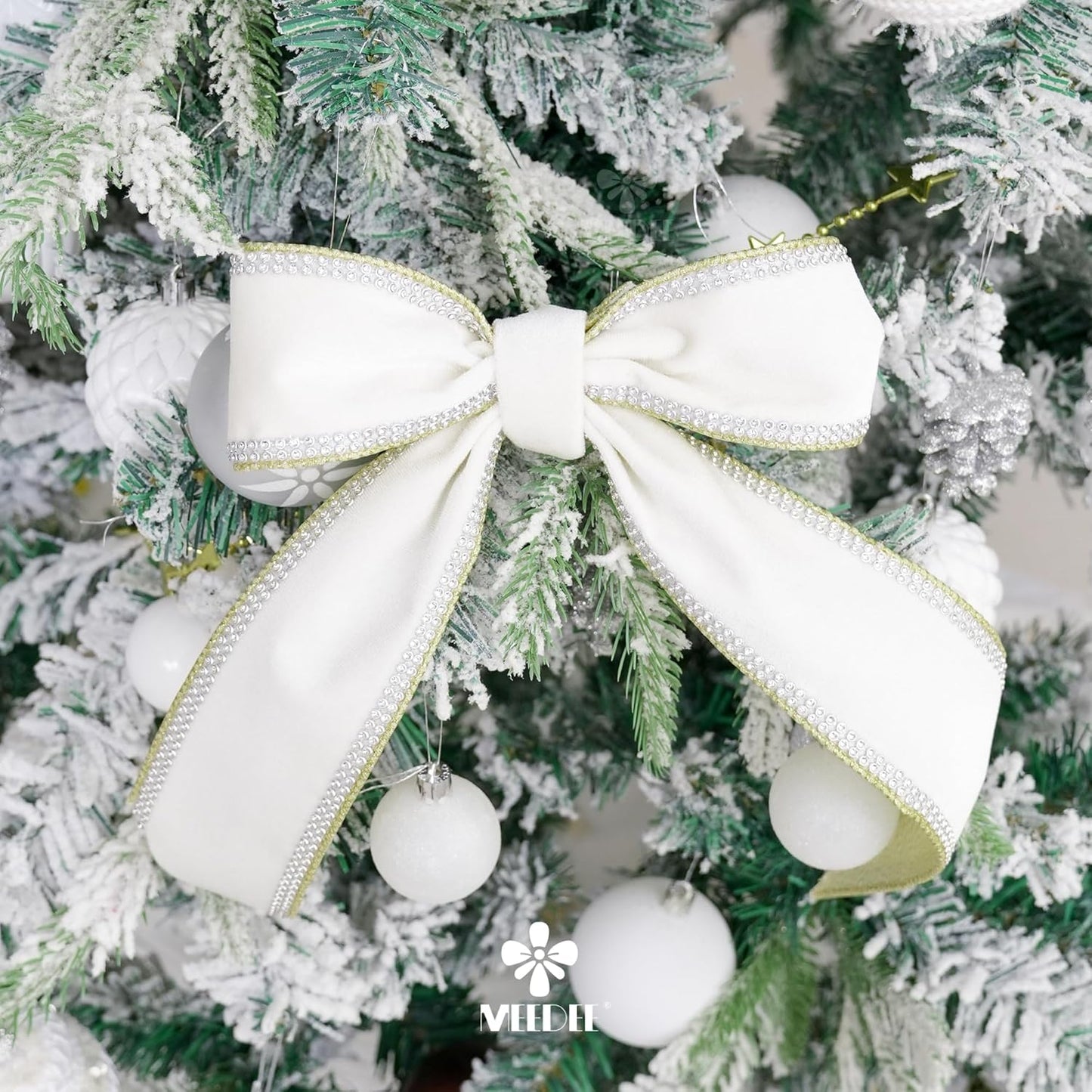 MEEDEE Gold & White Velvet with Rhinstone Edge Wired Ribbon 2.5 Inch Luxury Jeweled Ribbon 5 Yards Sparkling Rhinestone Trim for Christmas Tree, Garland, Wreaths, Holiday Home Decor, Wedding Decor