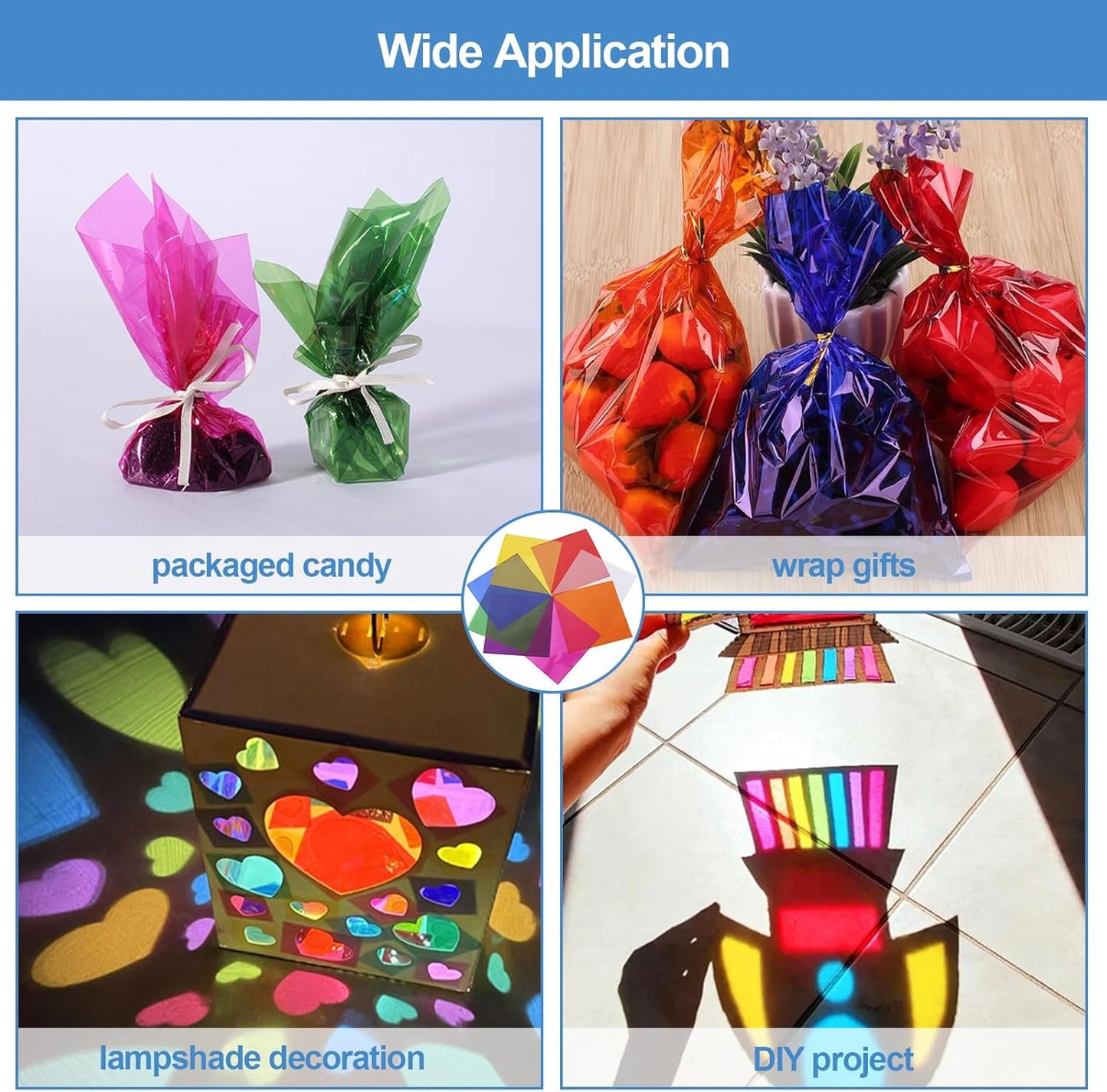 120 Pcs Colored Cellophane Sheets, Cellophane Wrap Paper Color Cello Sheets for Crafts(7.5x7.5 Inches)