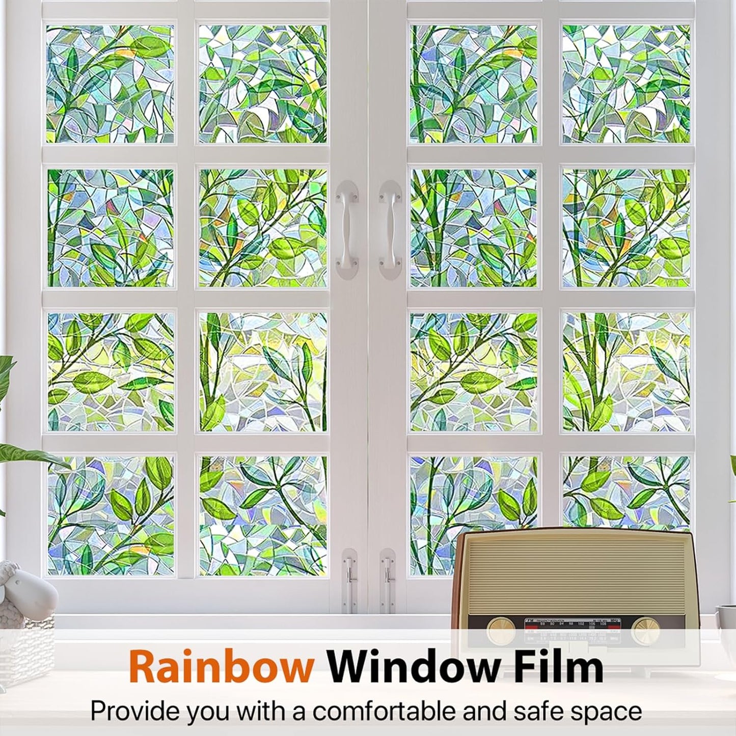 Niviy Window Privacy Film Stained Glass Window Film with Installation Tools, Rainbow Windows Decorative Decals Non-Adhesive Reusable for Home, Bathroom, Glass Door (Leaf Rainbow, 11.8 x 78.7 in)