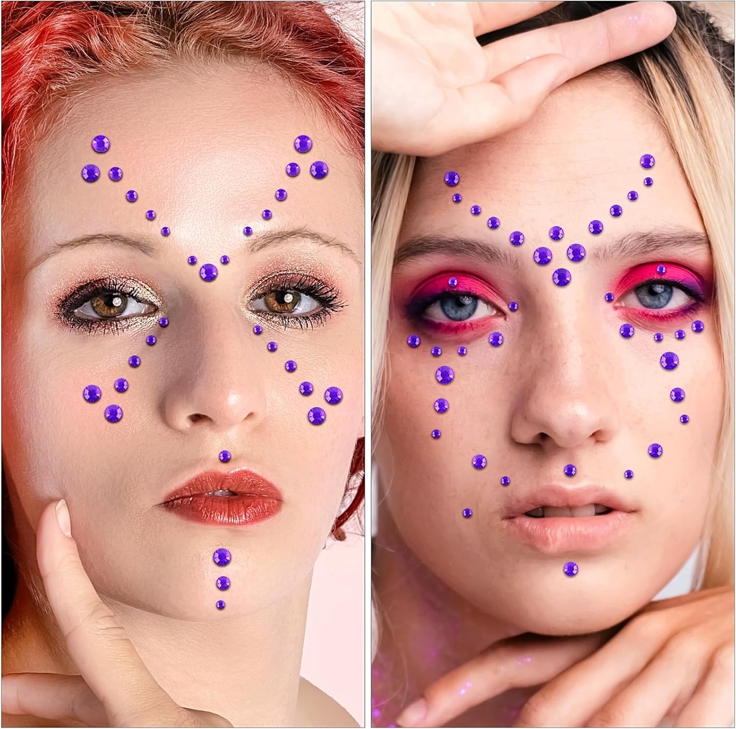 Self Adhesive Face Gems and Pearls for Makeup, Festival Jewels, Hair Gems Pearls, 3/4/5/6/8 mm Round Rhinestone Stickers for Face, Eye, Makeup, Body, Crafts 591Pcs (16_Dark Purple)