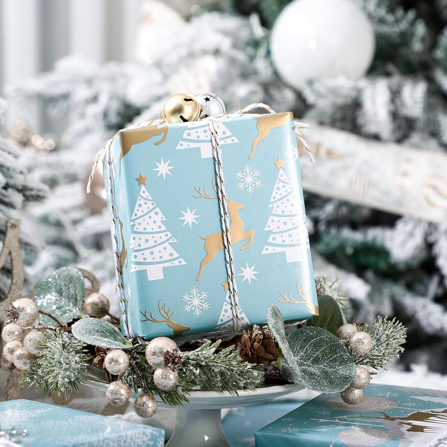 WRAPAHOLIC 30 Inch Christmas Wrapping Paper Roll - Jumbo Roll Blue and Silver Reindeer, Christmas Tree, Snowflake Holiday Design Printed on Pearlized Paper - 4 Rolls - 30 Inch x 120 Inch Per Roll