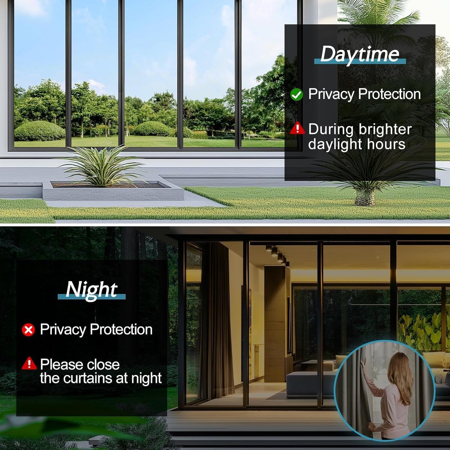 DOWELL One Way Window Privacy Film with 3 Tools Window Tint for Home Sun Blocking Heat Control Anti UV Reflective Mirror Covering See Out Not in for House and Office Black Silver 23.6" X 157.4"