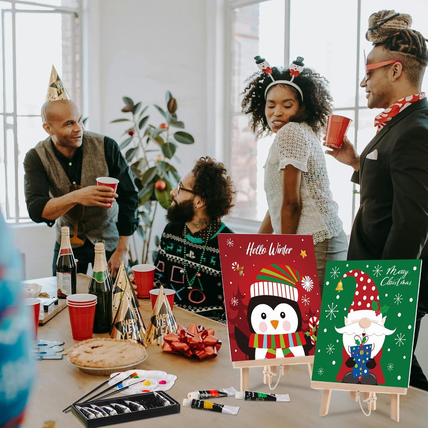 Cholemy 36 Pcs Paint and Sip Kit for Adults 8''x10'' Pre Drawn Canvas for Painting DIY Afro Acrylic Painting Kit Wood Easel Brushes Date Night Bulk for Christmas Party Gifts(Christmas B)