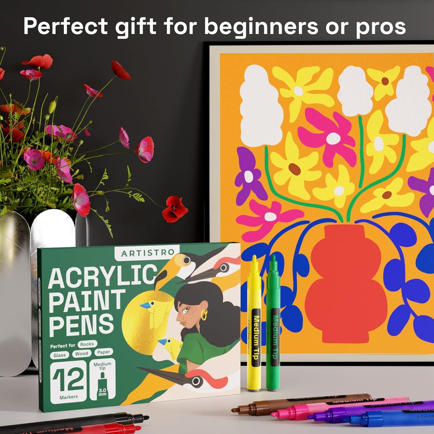 ARTISTRO 12 Medium Tip Acrylic Paint Markers - Easy for All Ages & Levels Paint Pens for Fabric, Rock, Glass, DIY - Halloween Pumpkin Painting Kit, Art Supplies, Christmas Gift