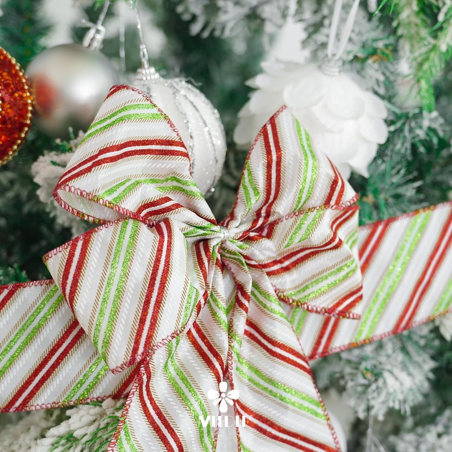 MEEDEE Red and Green Diagonal Striped Ribbon 2.5 Inch White Satin with Lime Green and Red Glitter Wired Ribbon for Christmas Tree, Garlands, Wreaths, Topper Bow (10 Yards)