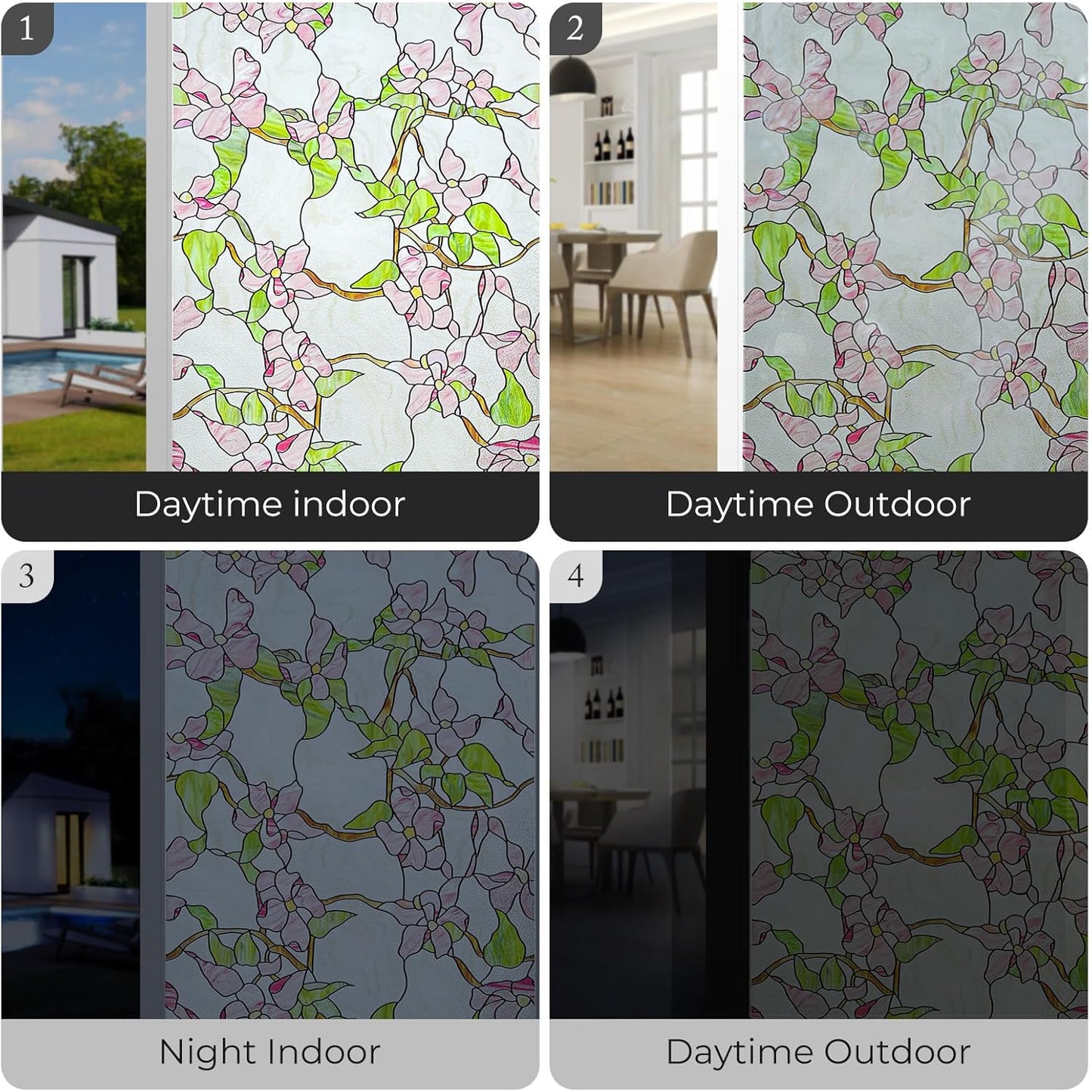 3D Stained Glass Window Film, Decorative Window Privacy Film for Bathroom,Front Door,Home, Sun Blocking Heat Control,Static Cling,23.6inch x 35.4inch Pink sprigs