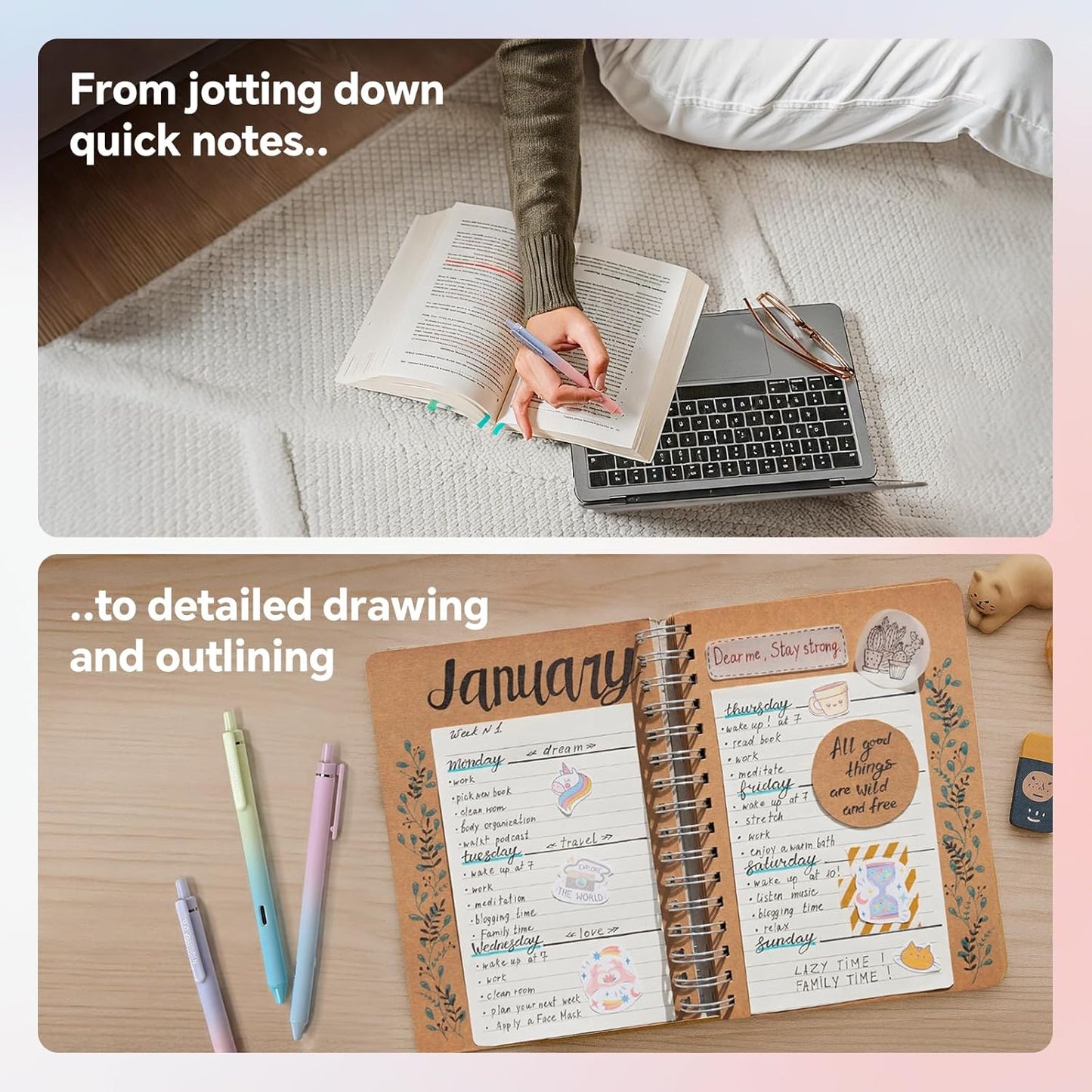 Writech Retractable Gel Ink Pens: 8ct Black Ink 0.5mm Fine Point Tip Pen Comfort Grip Smooth Writing with Aesthetic Gradient Color Barrel for Journaling Note Taking Sketching No Bleed & Smear