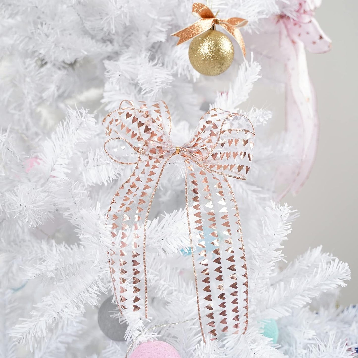 MEEDEE Heart Wired Ribbon - 2.5 Inch Rose Gold & Pink Sheer Organza Ribbon, 25 Yards Roll, Perfect for Valentine Bows & Decor