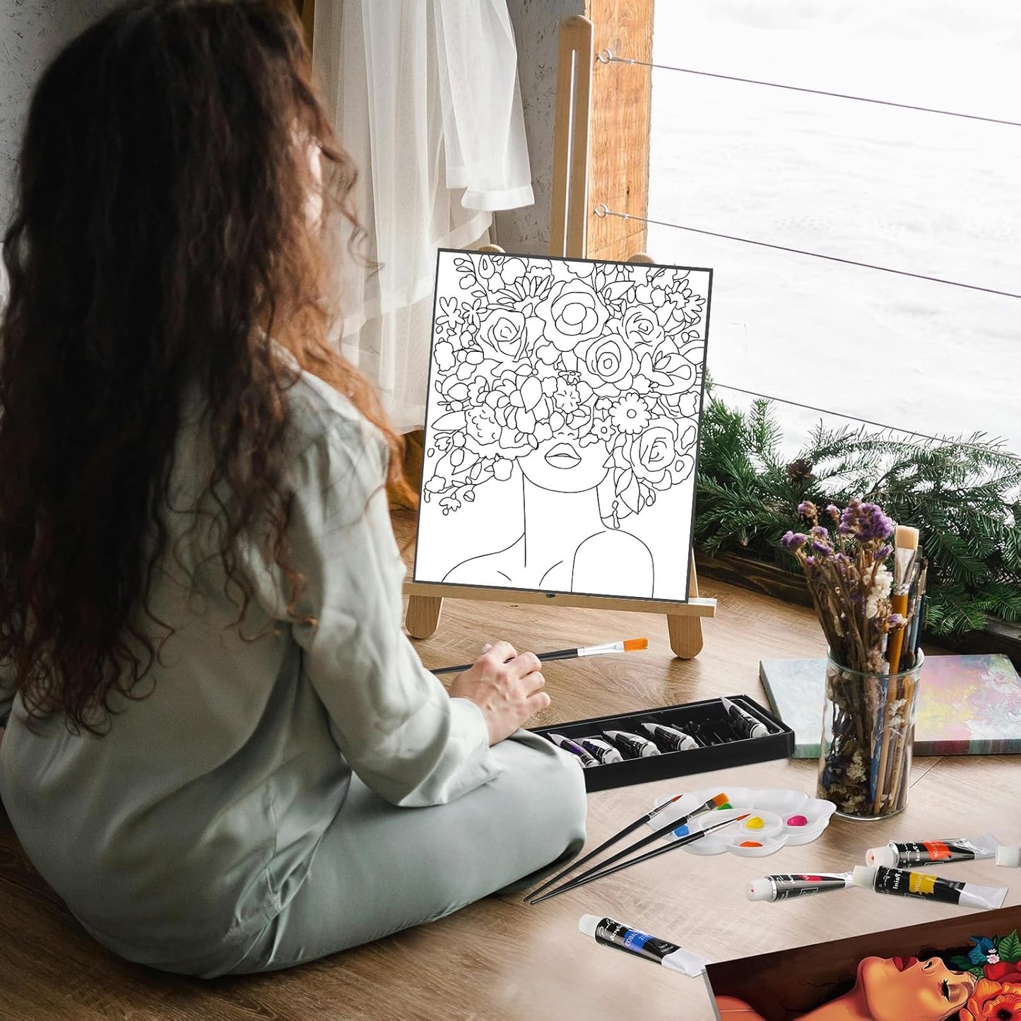 Cholemy 36 Pcs Paint and Sip Kit for Adults 8''x10'' Pre Drawn Canvas for Painting DIY Afro Acrylic Painting Kit Wood Easel Brushes Date Night Bulk for Christmas Party Gifts(Flower Lady)