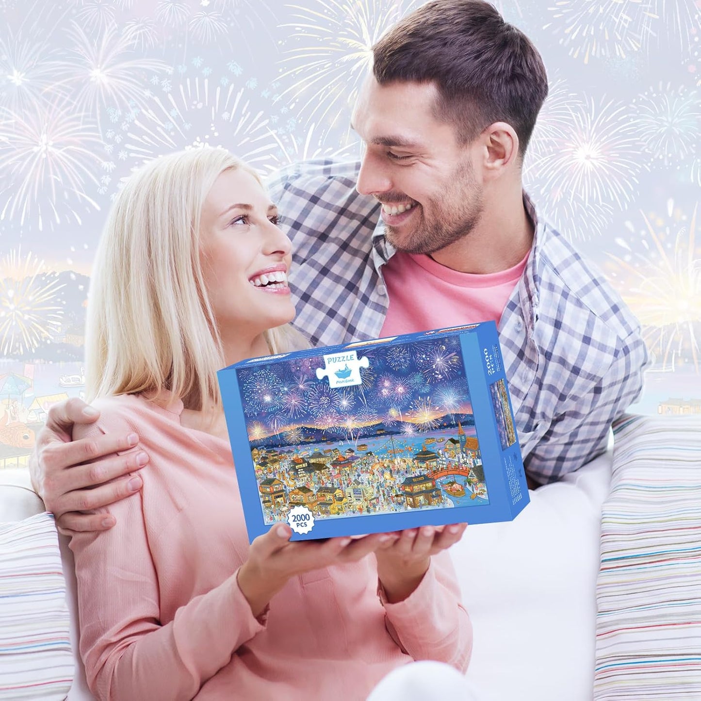 MOMIBOOK Puzzles for Adults 2000 Pieces Jigsaw Puzzles of Fireworks Night Tour, Colorful Powder Painting Image Chinese Twon Challenging Hard Impossible Puzzle Unique Party Christmas Birthday Gifts