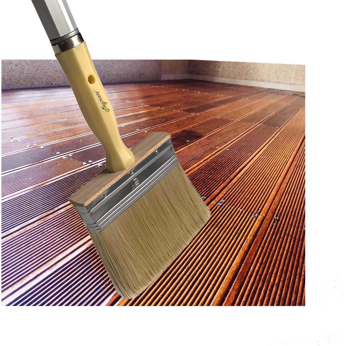 Deck Brush for Applying Stain, 5-inch Paint Brush, Medium Size for Quick Decking, Fence, Walls and Furniture Paint Application, Handle Threaded for Extension Use, Multicolor