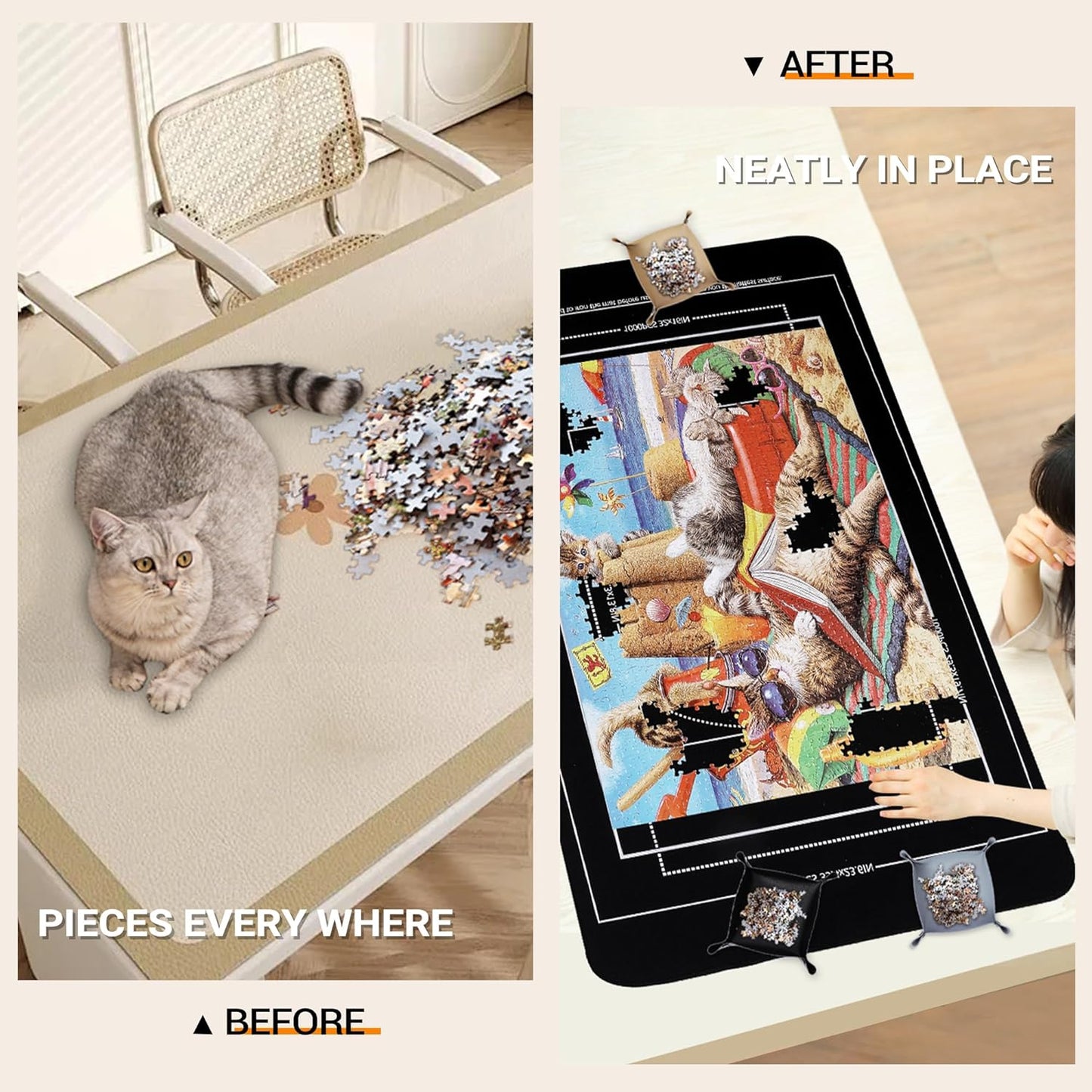 Lwoeo Jigsaw Puzzle Mat Roll Up, Black Rubber 53.3” x 35” Smooth Top Saver Pad Up to 3000 Pieces,Large Puzzle Matt Rollup with 6 Sorting Trays & 1 Storage Bag for Sorting Table, Board, Frame Mats