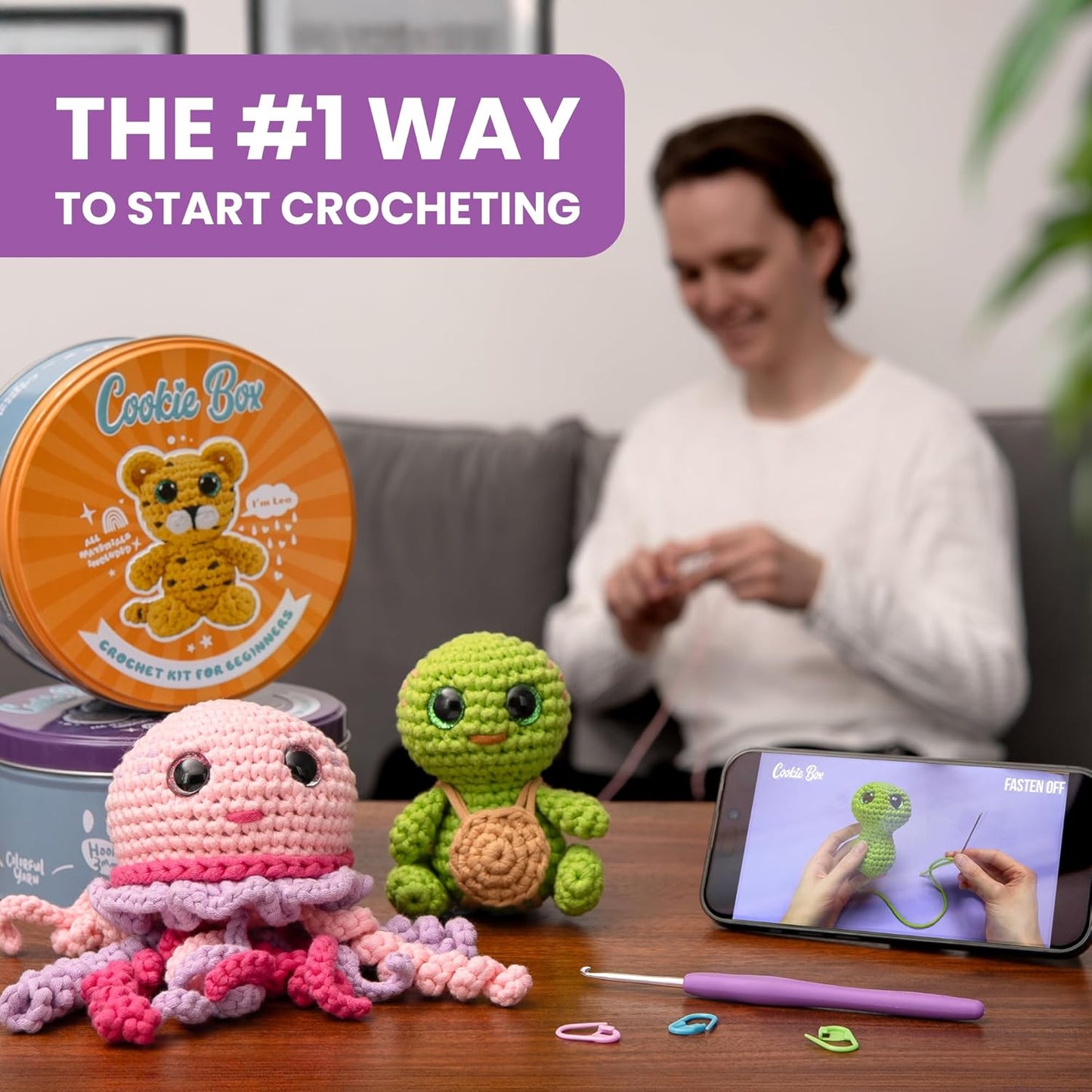 Cookie Box Crochet Kit for Beginners β Gift Set to Make Turtle Hugo Amigurumi Plushie β Easy DIY Crochet & Knitting Starter Kit with Video and PDF Tutorials