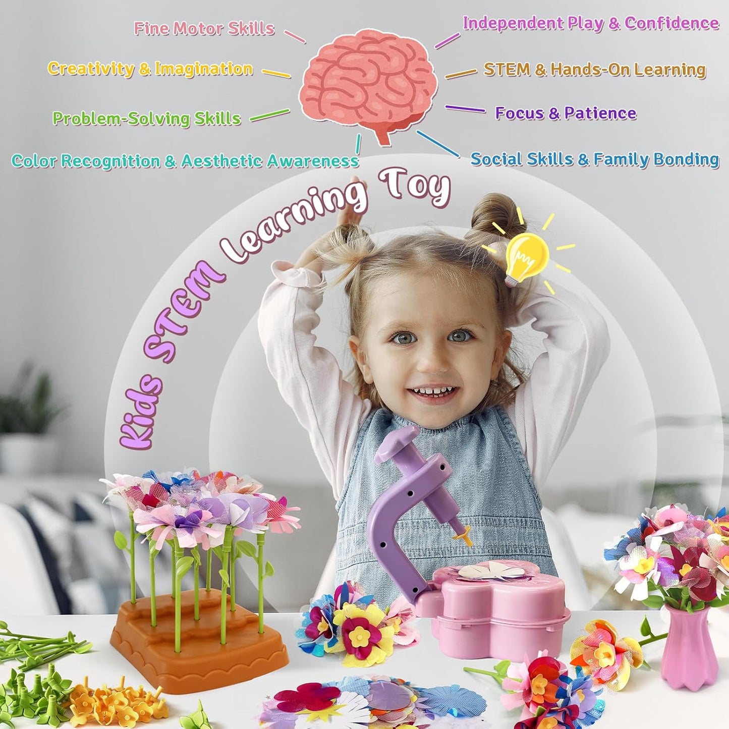 Fabric Flower Bouquets Toys – Mess-Free Flower Crafts for Kids & DIY Arts and Kid Crafts for Ages 3 4 5 6 7 8 9+, No Glue Needed, Fun Early Educational STEM Gift for Birthdays, Christmas, Holidays