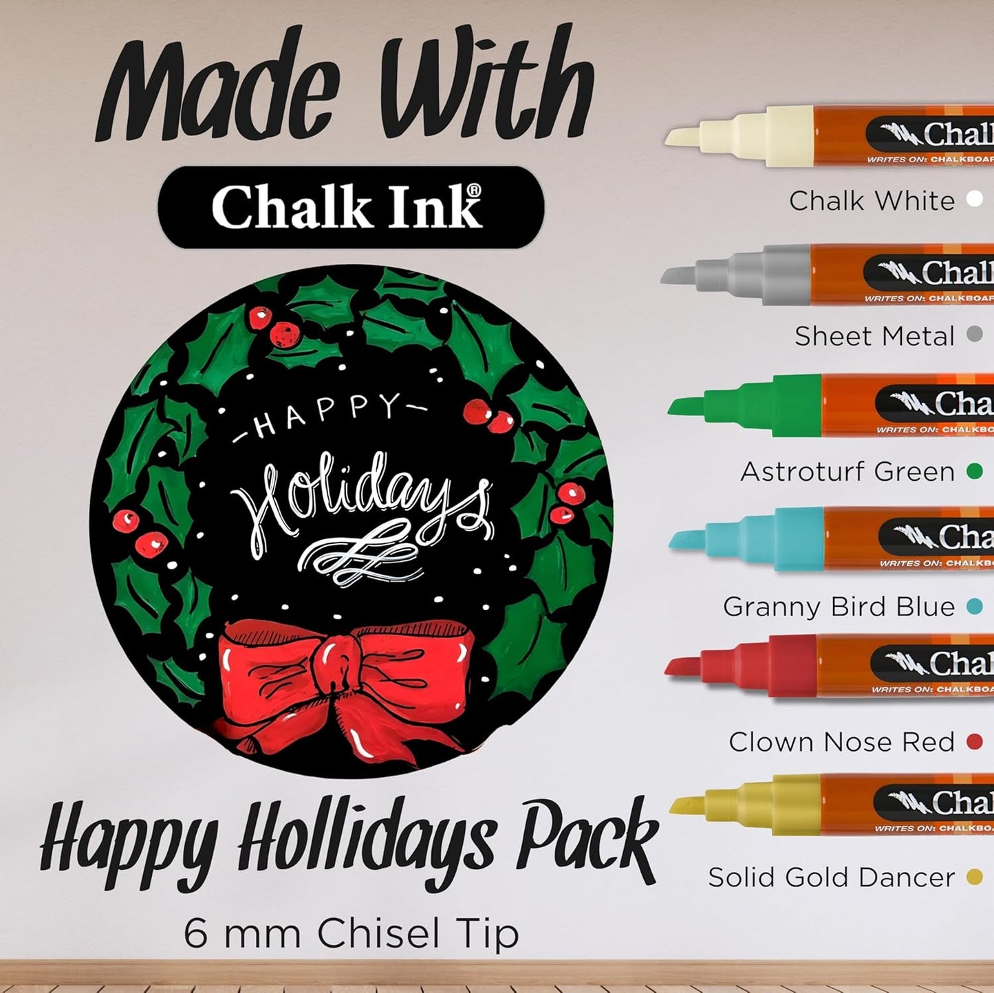 Chalk Ink Chisel Tip Wet Wipe Chalk Markers (Happy Holidays, 6mm, 6 Pack)