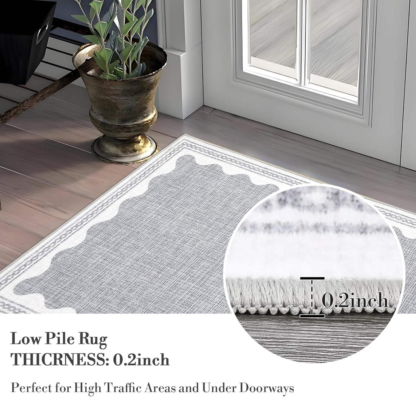 Scalloped Rug 2.5x8 Runners for Hallways, Solid Grey Runner Rugs Non Slip Scalloped Bath Runner, Washable Mat for Bedroom Girls, Rugs for Kitchen Floor Soft Dorm Nursery Carpet for Bedside