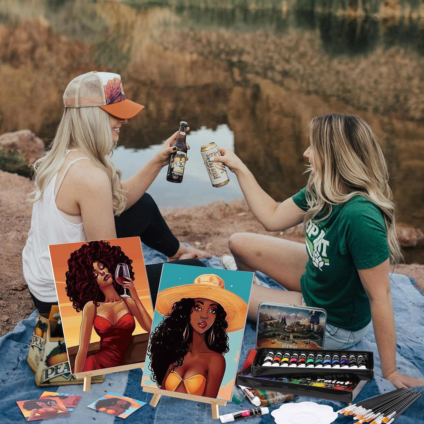 Cholemy 36 Pcs Paint and Sip Kit for Adults 8''x10'' Pre Drawn Canvas for Painting DIY Afro Acrylic Painting Kit Wood Easel Brushes Date Night Bulk for Christmas Party Gifts(Fashion Women)