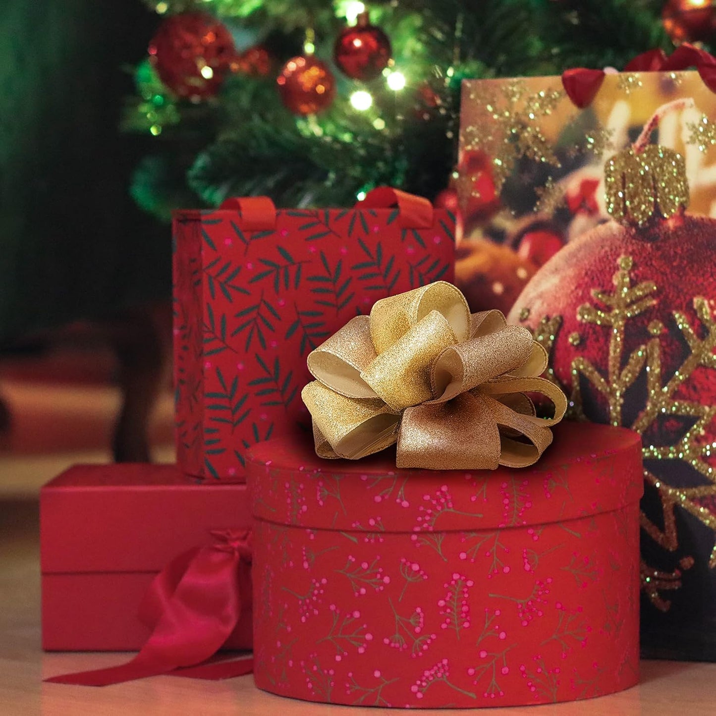 CT CRAFT LLC Glitter Wired Ribbon 1.5" x 10 Yards Gold (Champagne Gold) for Christmas Home Decor Bow Gift Wrapping DIY Crafts Wreath