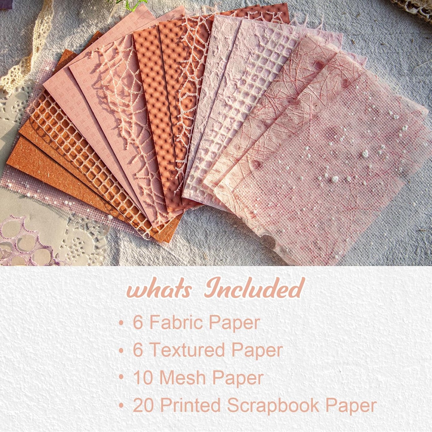42 Sheets Textured Scrapbook Paper and Mesh Fabric Assorted Set, Junk Journal Supplies Assorted Set, Special Paper for Scrapbooking Materials Card Embellishments 3.9x5.5 Inch (Pink)
