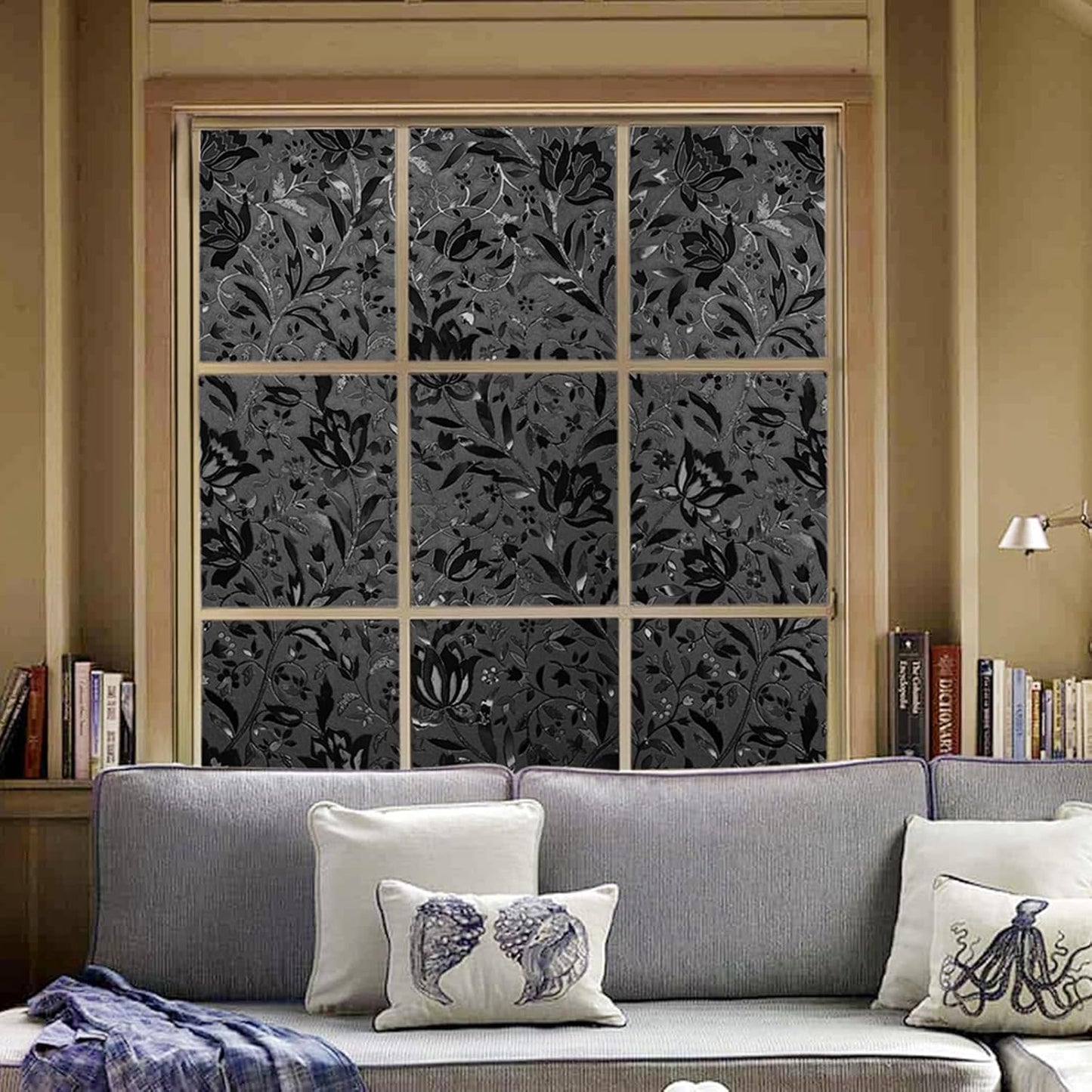 LEMON CLOUD Total Blackout Window Film Privacy Static Cling Frosted Black Window Covering 100% Opaque Film Tint Darkening Removable Film for High Privacy,(Blackout Tulip Design,35.4 x157.4 inches)