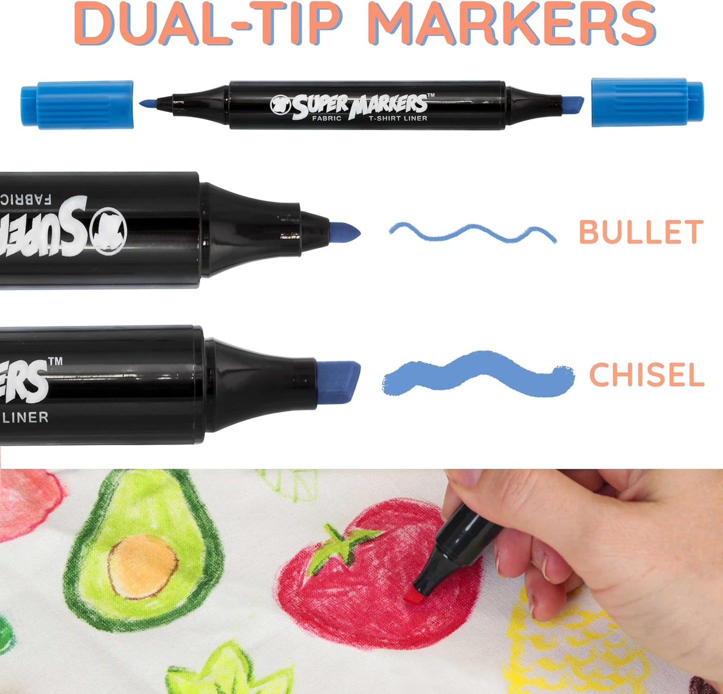 Super Markers 60 Unique Primary, Pastel, Neon Colors Dual Tip Fabric & T-Shirt Marker Set - Double-Ended Fabric Markers with Chisel Point and Fine Point Tips - Bright Vibrant Bold Permanent Ink Colors