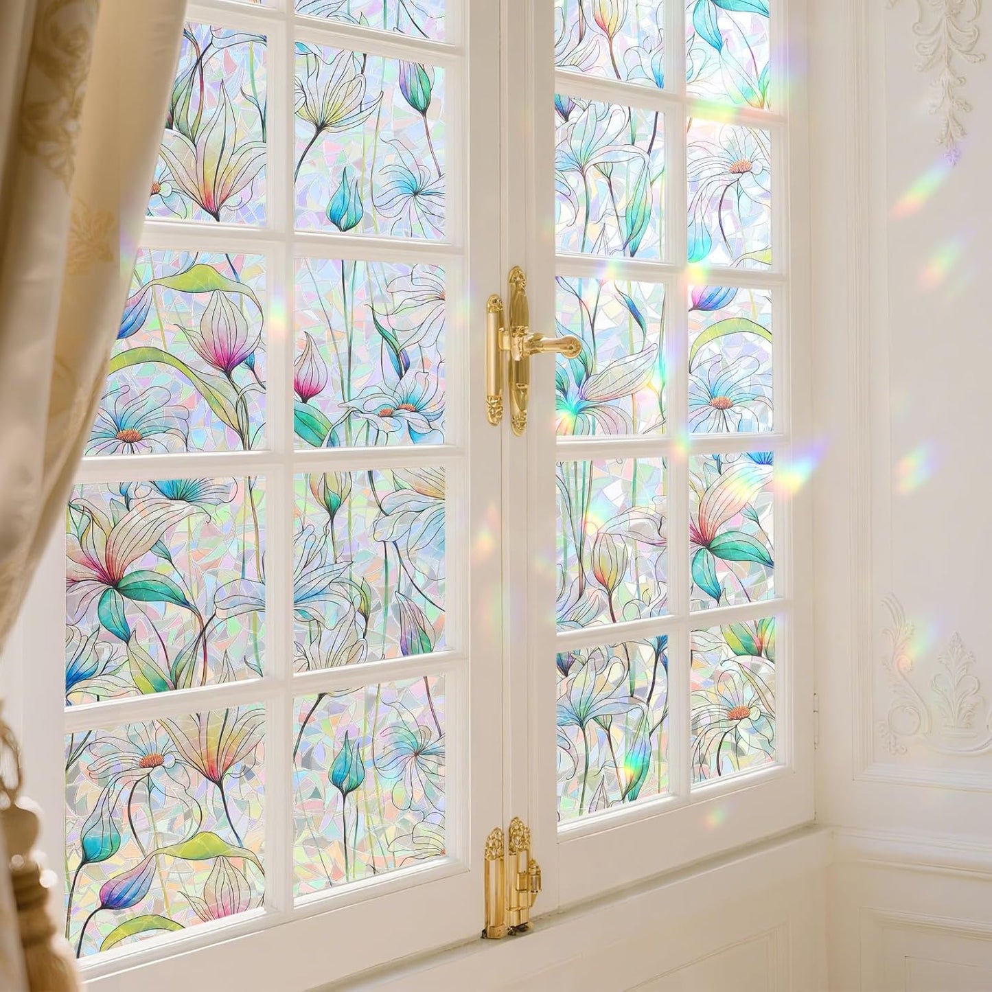 Donox Decorative Window Privacy Film, 3D Floral Stained Glass Window Film Static Cling Rainbow Privacy Sticker for Glass Door Heat Control Anti UV, No Adhesive (Magnolia,23.6 x 157.4 inches)