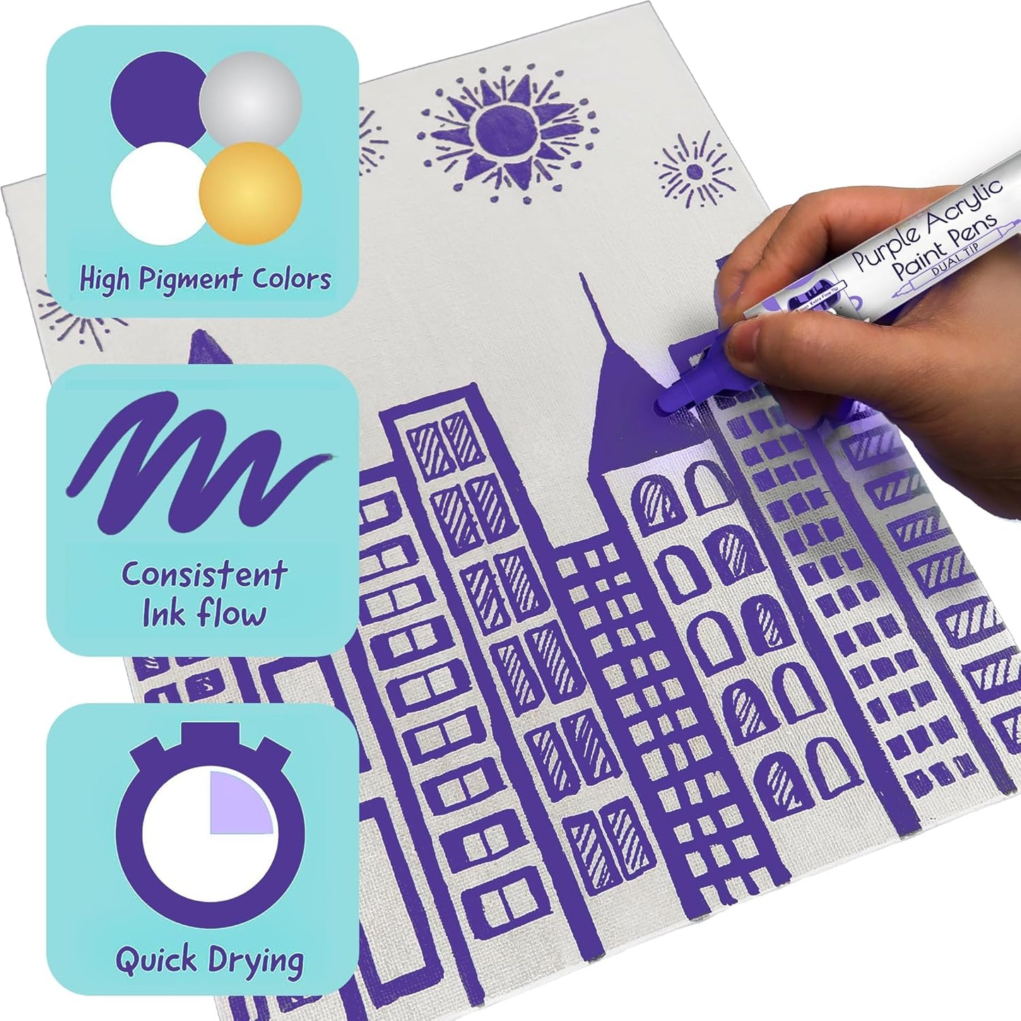 4 Dual Tip Purple Paint Pen Metallic - Fine Tip & Medium Acrylic Paint Markers - Purple Acrylic Markers for Metal, Wood, Rock Painting, Canvas, Ceramic, Glass, Fabric, Plastic - Water based Ink