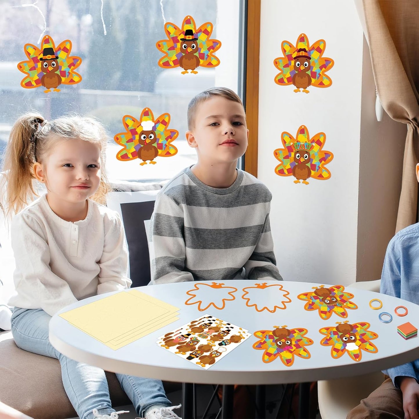 Renbuzhu 36PCS Thanksgiving Crafts Bulk: Turkey Paper Suncatchers DIY Kit for Fall Activities Decorations, Window Stained Glass Effect Art Supplies