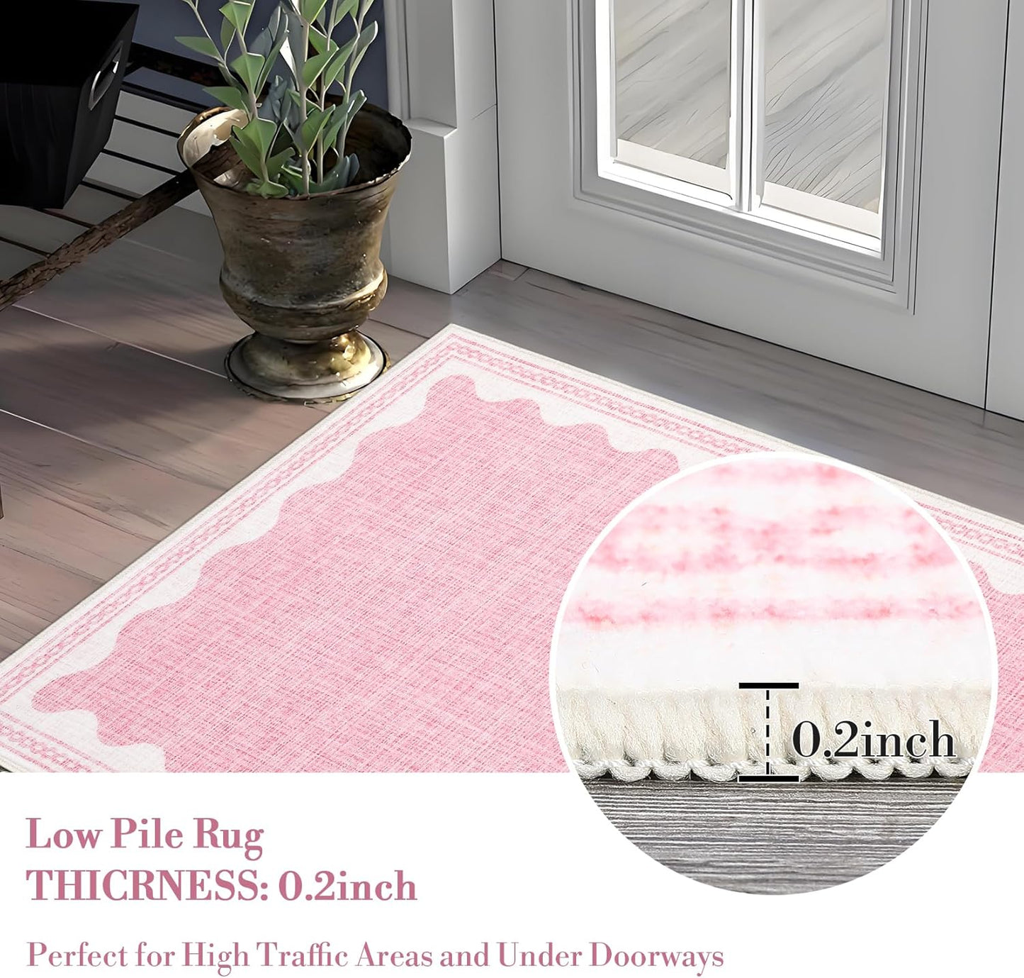 Scalloped Washable Rug 8x10 Area Rugs for Living Room, Solid Pink Rug for Bedroom Girls, Non Slip Throw Carpet with Rubber Back, Soft Dorm Nursery 8x10 Rugs for Dining Room