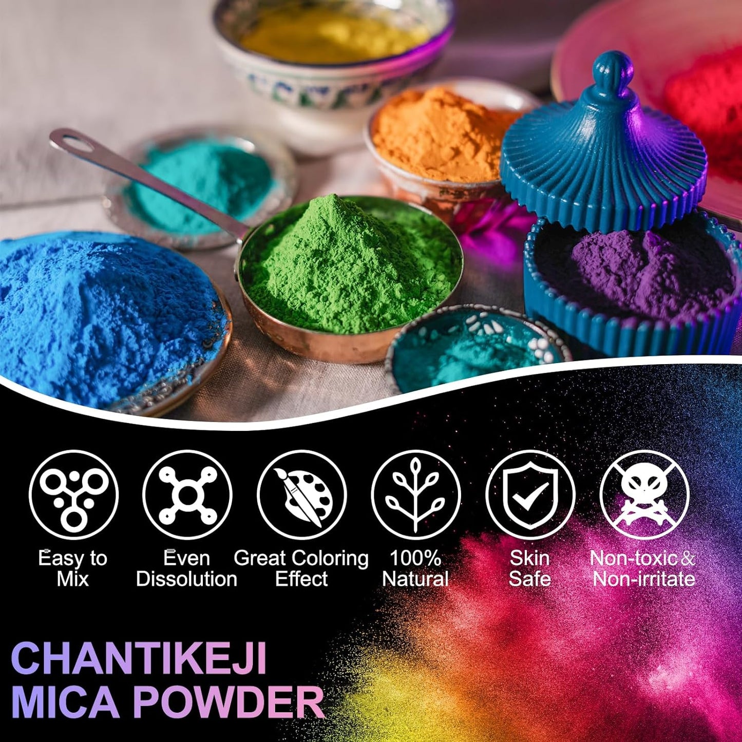 CHANGTIKEJI Mica Powder,48 Colors - 10g/Bottle of Natural Pigment Powder for Epoxy Resin,Soap Making,Candle Making,Lip Gloss,Car Freshies,Dye,Nail Polish,Bath Bombs
