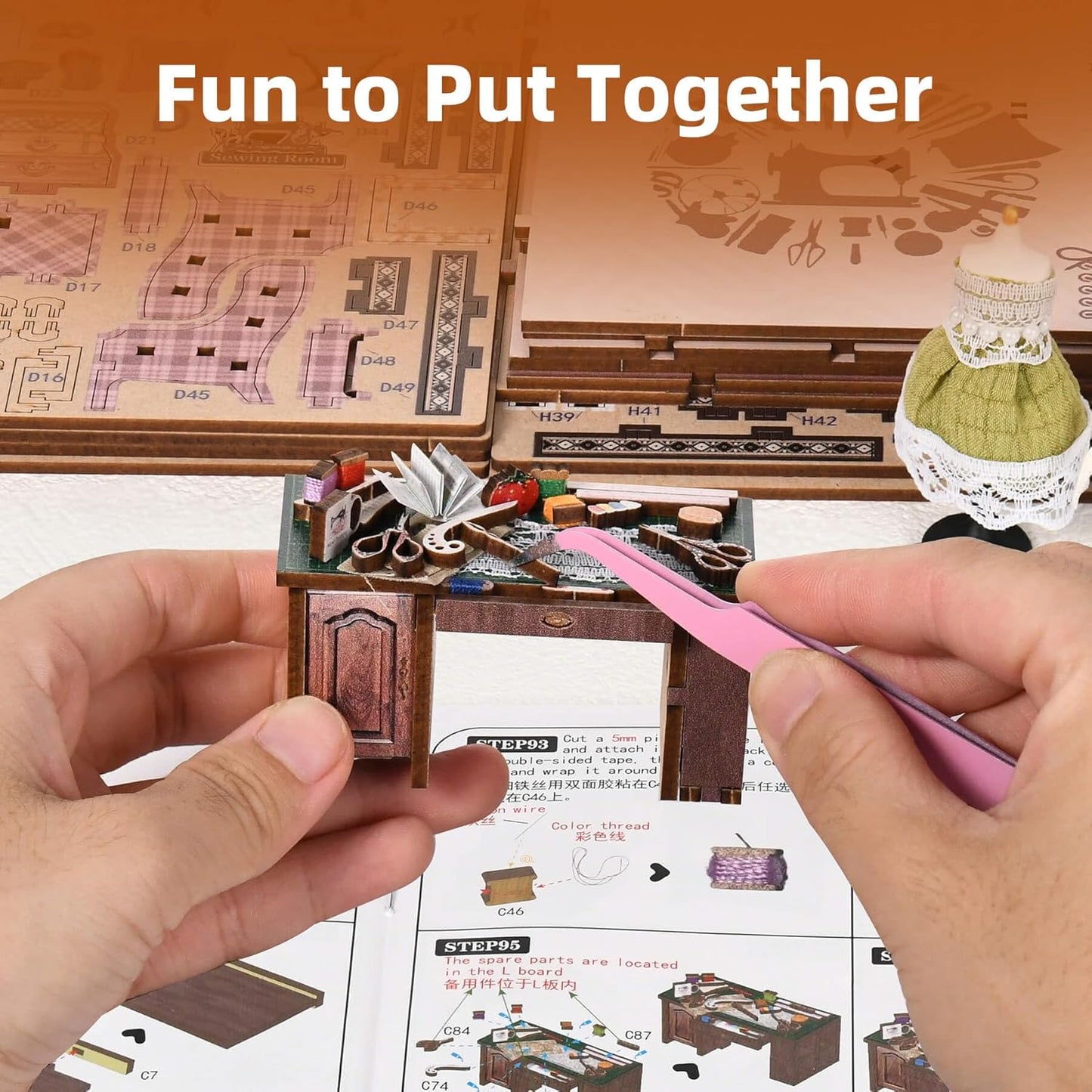 Book Nook Kit, DIY Miniature House Dollhouse Kit for Adults and Teens, 3D Wooden Puzzle Bookend Creative Bookshelf Insert Decor with LED Light, Gifts for Family, Friends (Sewing Room)