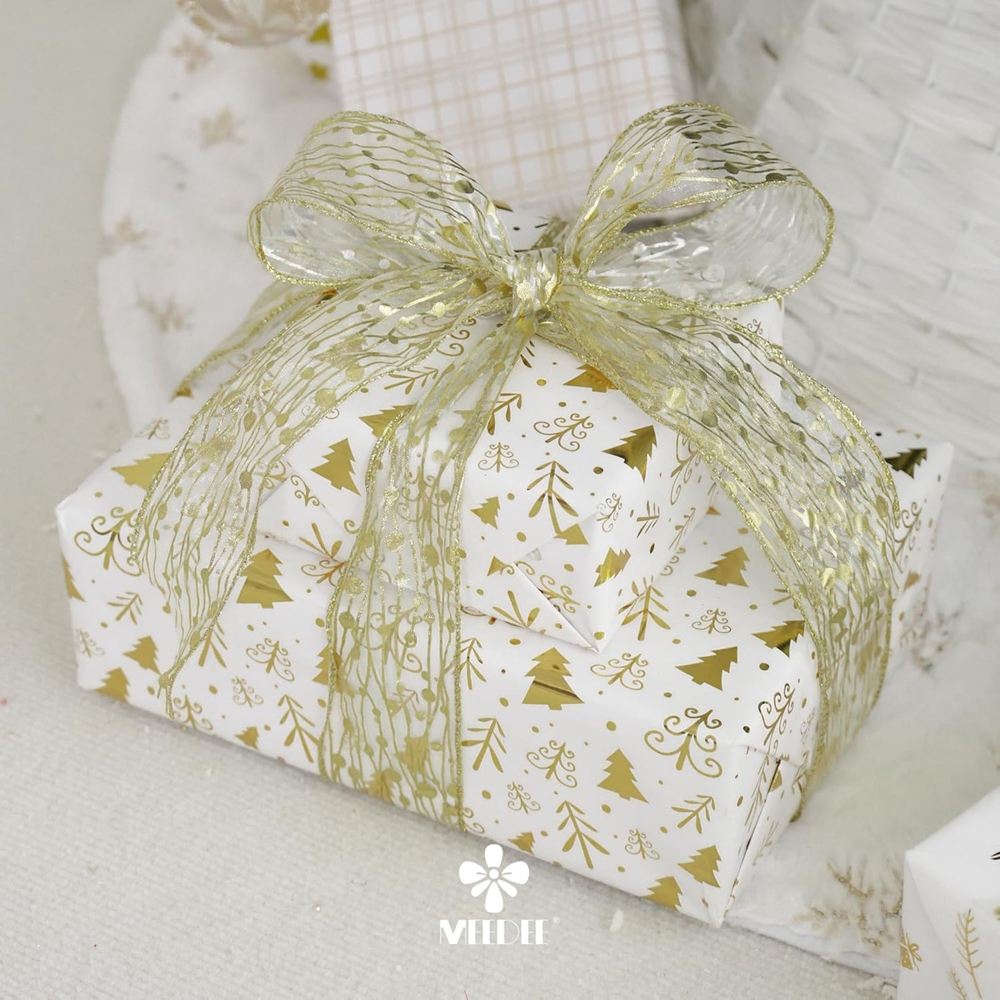 MEEDEE Gold Wired Ribbon - 2.5 Inch Sheer Organza With Horizontal Stripes and Polka Dots - 25 Yards for Gift Wrapping, Garland