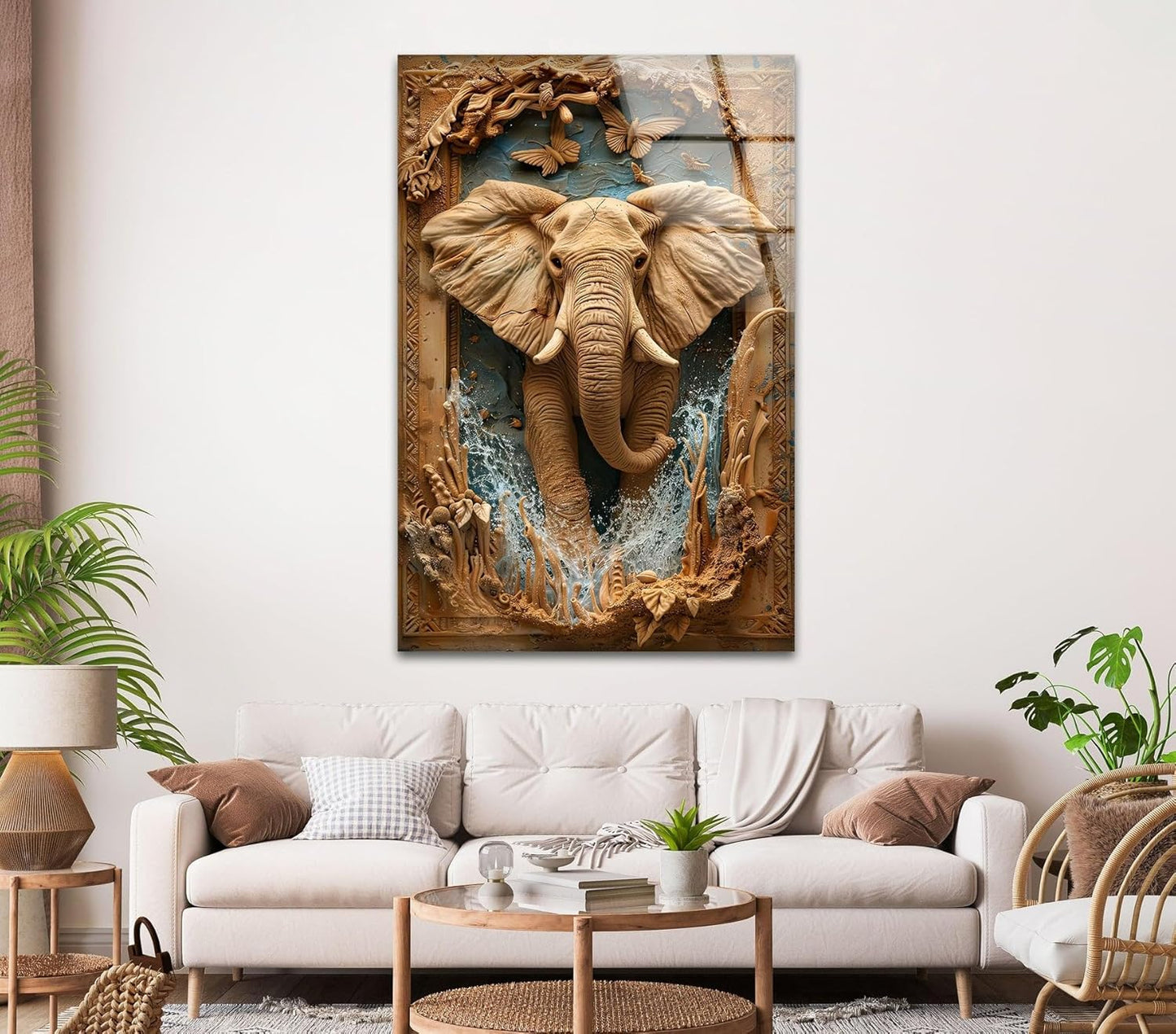 My Photostation.com 40WX60H'' Elephant Carving Glass Wall Art Tempered Glass Printing Wall Decor Large Wall Art Wall Hangings