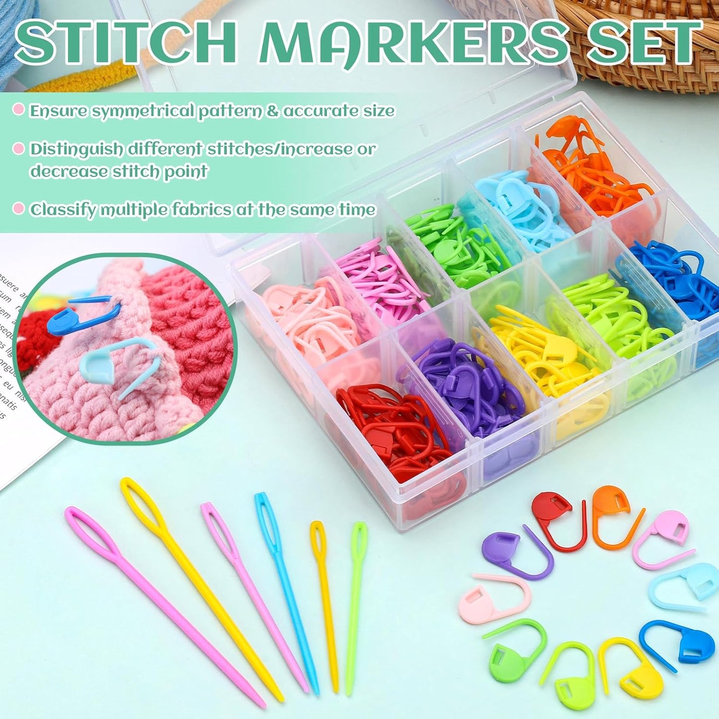 LUNARM 200 Pcs Stitch Markers for Crocheting, 10 Color Crochet Stitch Markers Knitting Locking Clip Pins with 6 Yarn Needles for DIY Craft Sewing
