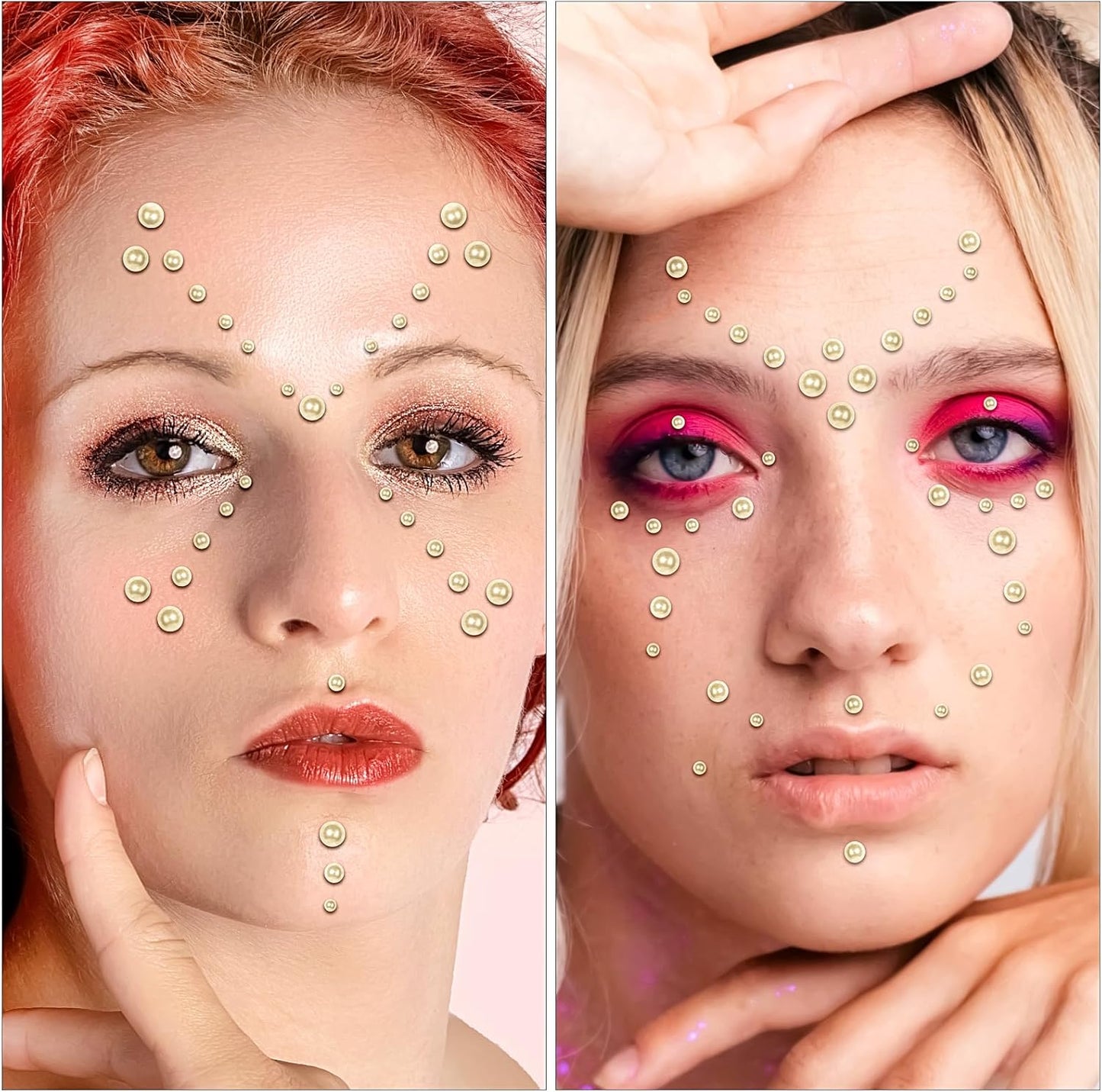 Self Adhesive Face Gems and Pearls for Makeup, Festival Jewels, Hair Gems Pearls, 3/4/5/6/8 mm Round Rhinestone Stickers for Face, Eye, Makeup, Body, Crafts 591Pcs (03_Beige Pearl)