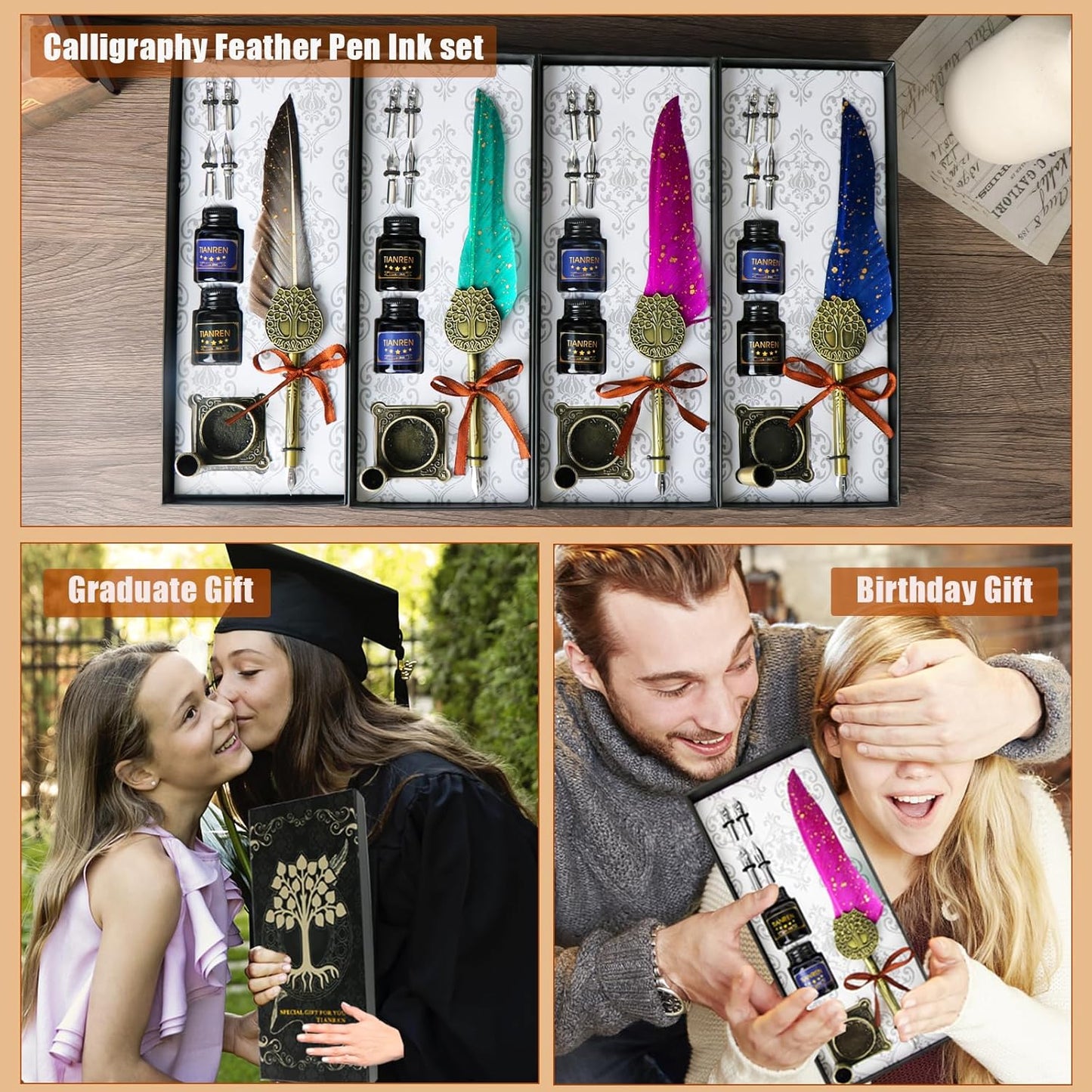 Feather Pen and Ink Set,quill pen ink set,Antique Calligraphy Pen with 4 Replaceable Nibs,2 Bottle of ink,Pen Holder Christmas Gift for Men&Women.(Purple)