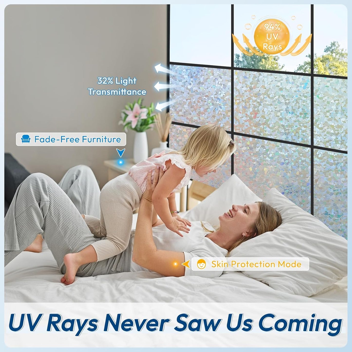 rabbitgoo Rainbow Window Privacy Film Decorative Stained Glass Diamond Pattern Window Sticker with Iridescent Tint Non-Adhesive Static Cling for Home Office Crystal Pattern, 35.4 x 118.1 inch