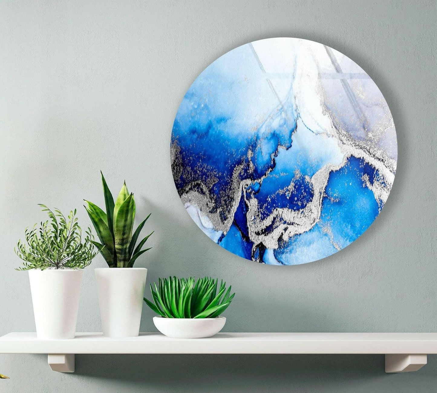 My Photostation.com 20''(50cm) Diameter Blue Marble Round with Silver Details Glass Wall Art Tempered Glass Printing Wall Decor Large Wall Art Wall Hangings