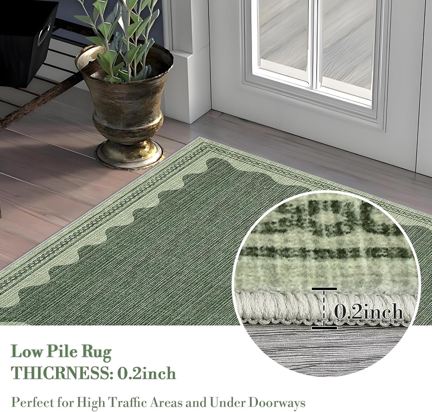 Scalloped Rug 2x6 Runners for Hallways, Solid Green Runner Rugs Non Slip Scalloped Bath Runner, Washable Rug for Bedroom Girls, Mat for Kitchen Floor Soft Dorm Nursery Carpet for Bedside