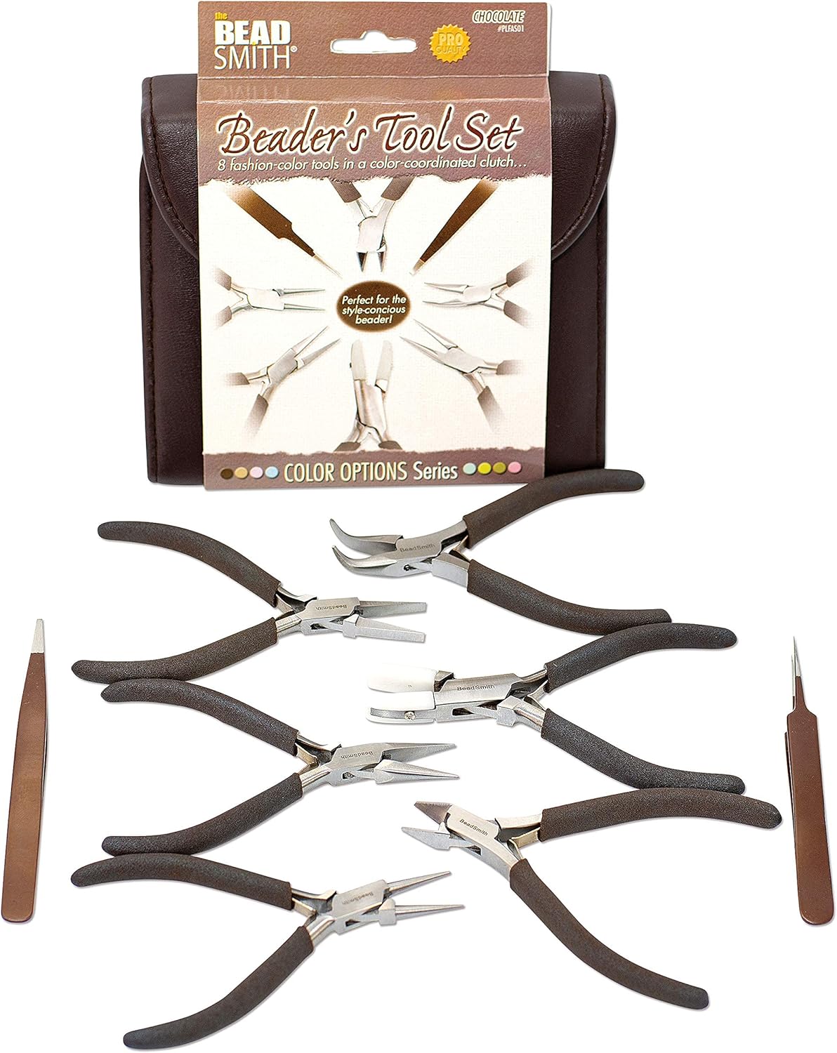 The Beadsmith Fashion Color Pliers – Set of 8 Slimline Color-Coordinated Tools – Matching Clutch in Chocolate – Jewelry Making Supply Kit to Create Necklaces, Bracelets, Earrings & More