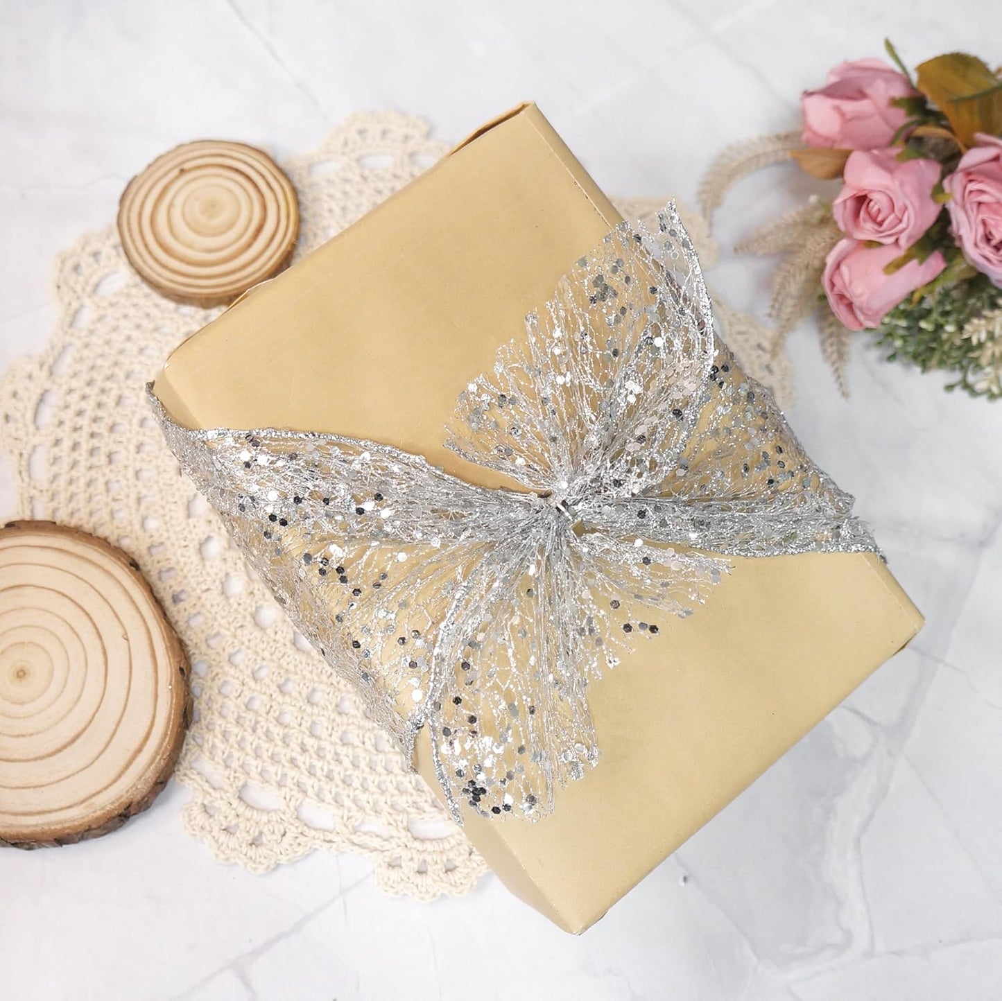 CT CRAFT LLC Sparkling Glitter Mesh Wired Ribbon 6" x 10 Yards Silver for Christmas Home Decor Bow Gift Wrapping DIY Crafts Wreath