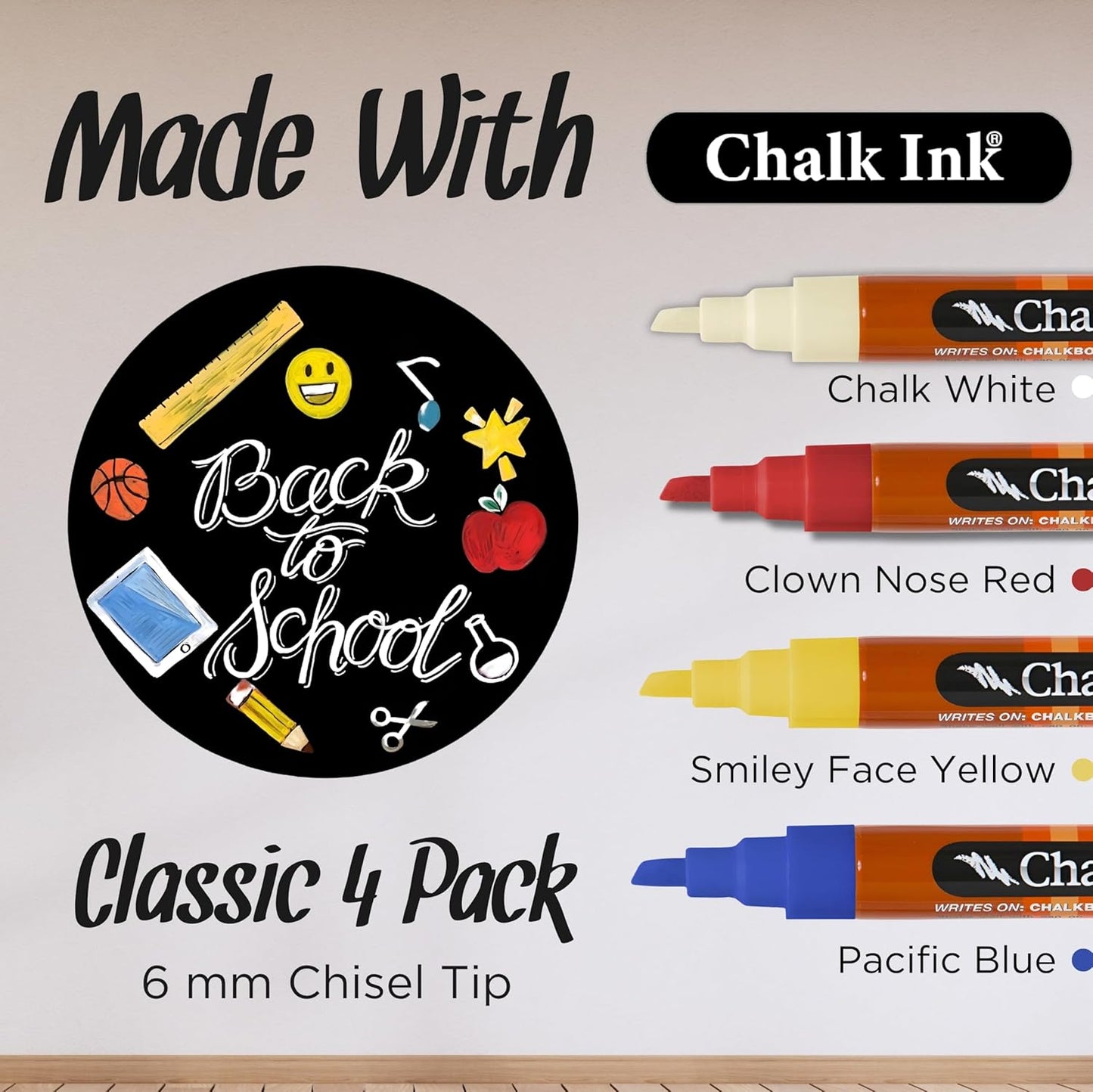 Chalk Ink Chisel Tip Wet Wipe Chalk Markers (6mm, Classic, 4 Pack)