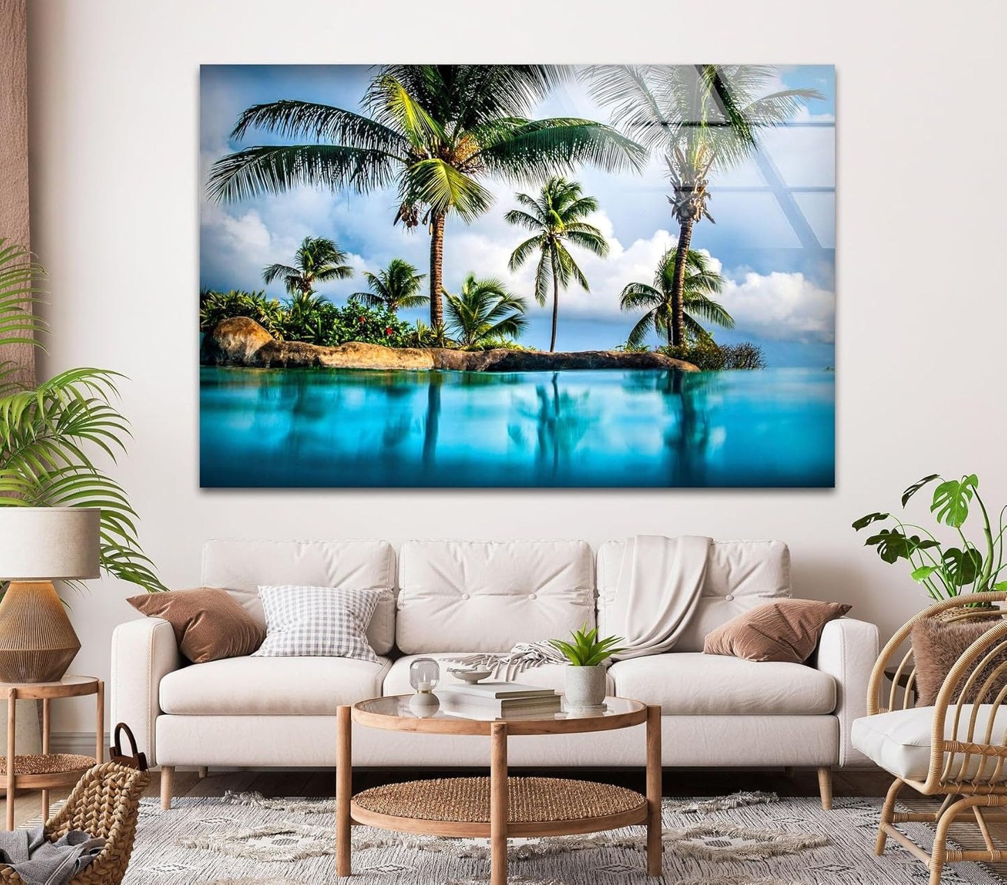 My Photostation.com 28Wx18H'' Island & Blue Sea Glass Wall ArtTempered Glass Printing Wall Decor Large Wall Art Wall Hangings