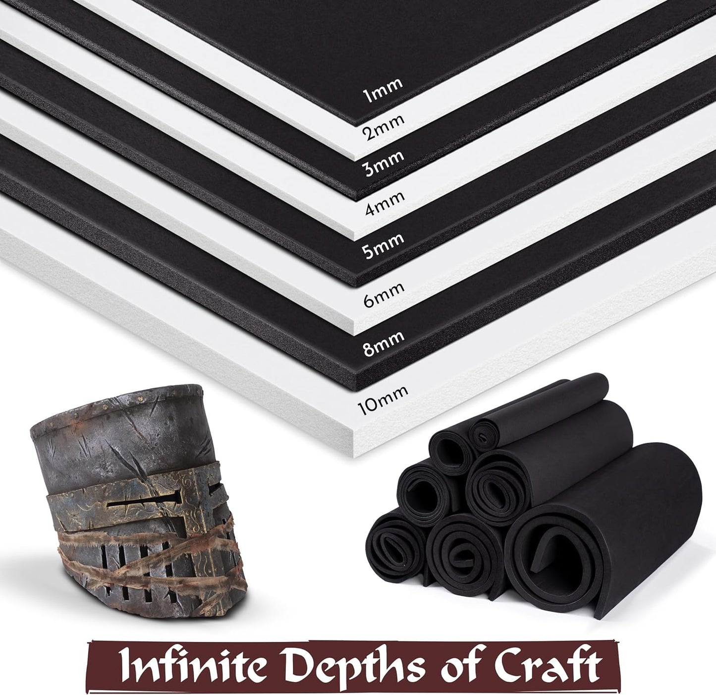 Shape Retention EVA Cosplay Foam 8mm (1mm-10mm) 14x39 inch Black or White High Density EVA Foam Sheets. Premium 85 kg/m3 Heat Shape Material for DIY Convention or Halloween Costumes by The Foamory