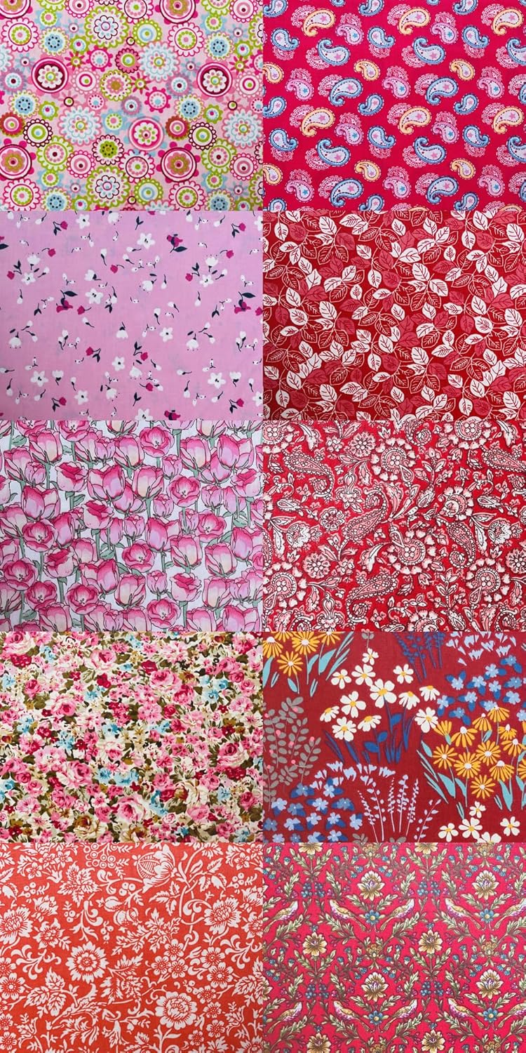 HANPATQUI 50PCS 12 x 12 inch Red Printed 100% Cotton Fat Quarters Fabric for Sewing and Quilting Bundles Precut Fabric Square for DIY Craft Patchwork