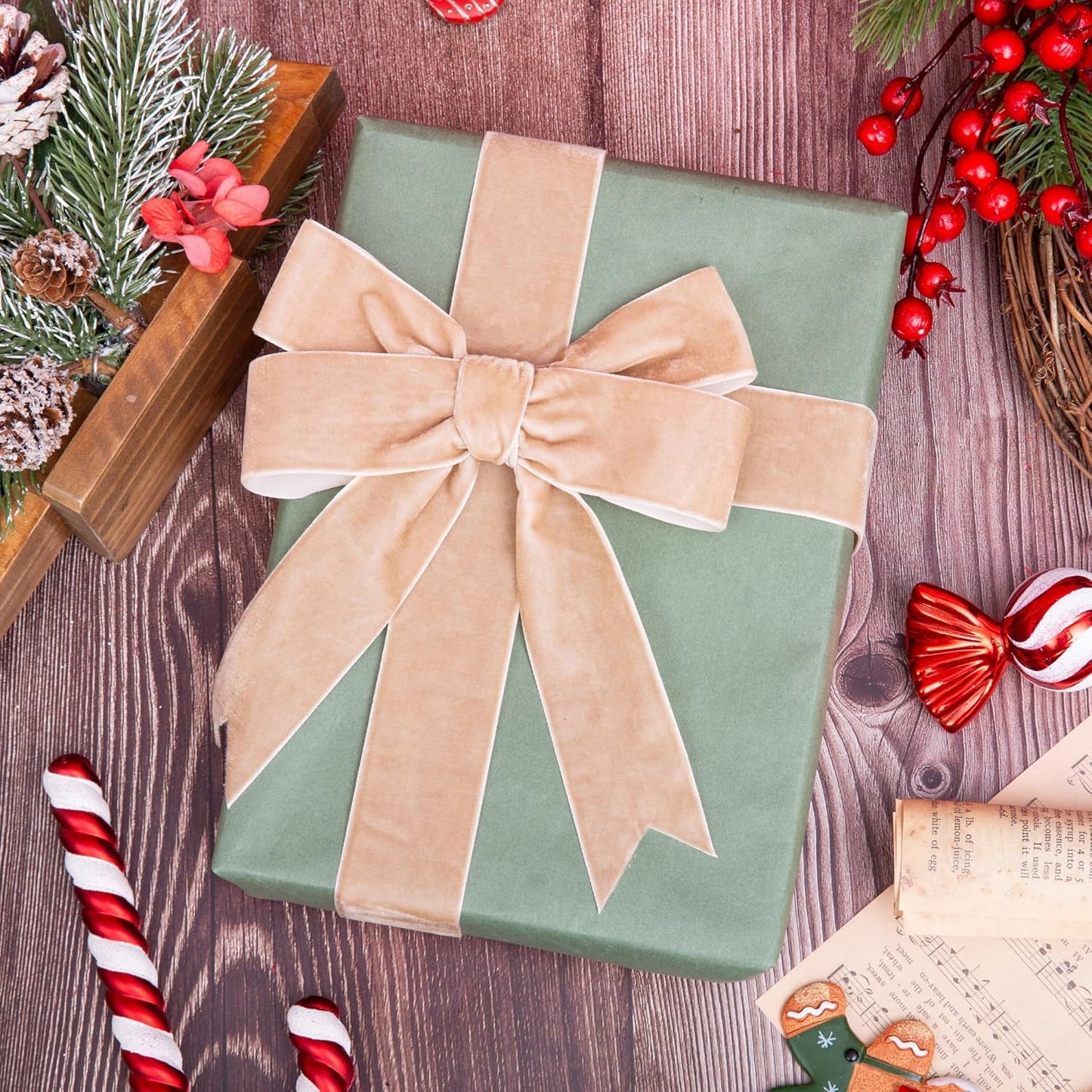 Vintage Camel Velvet Ribbon Christmas Ribbon for Gift Wrapping Crafts Christmas Tree Ornaments Garland Decorations, 1-1/2 Inch X 25Yd